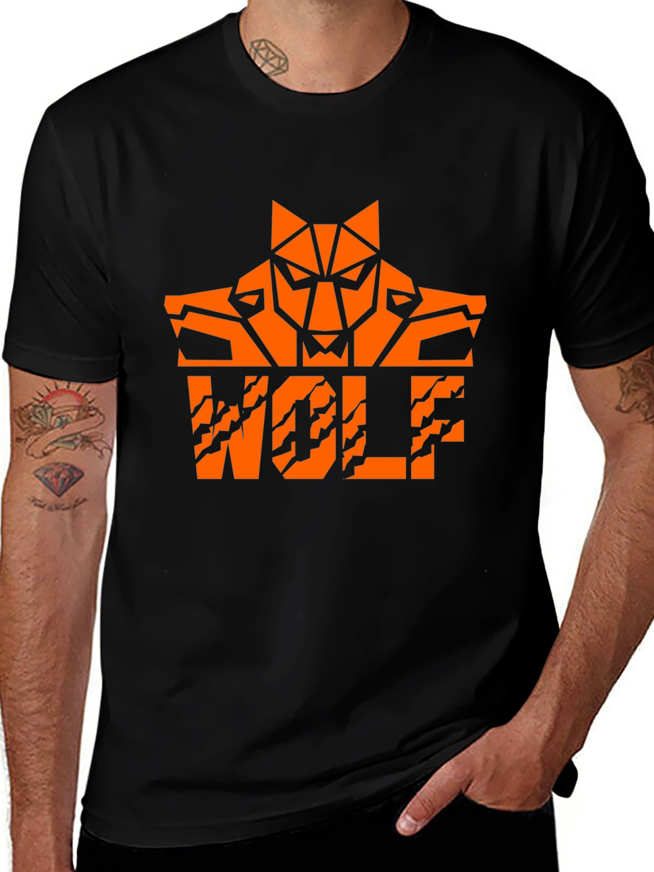 Bold Orange Wolf Graphic Black T-Shirt
