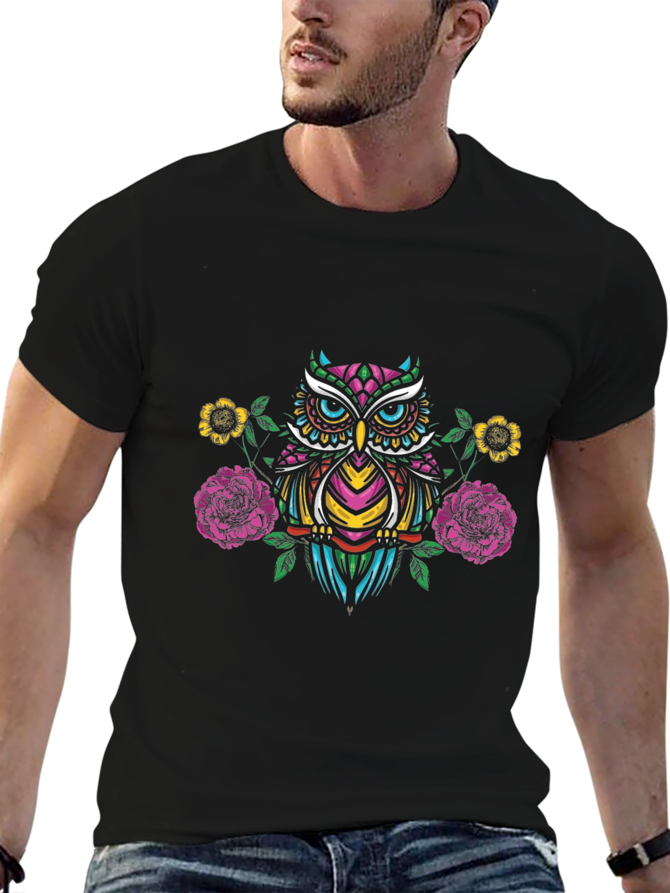 Owl & Floral Graphic Black T-Shirt