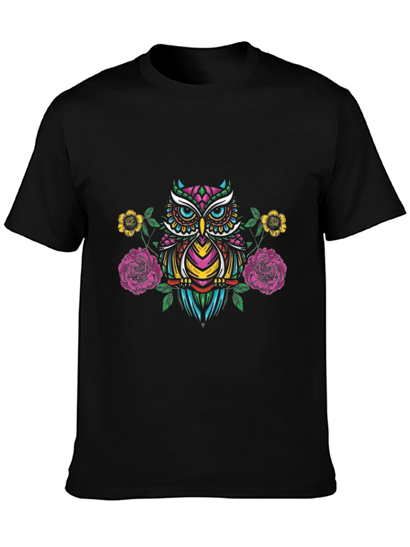 Owl & Floral Graphic Black T-Shirt