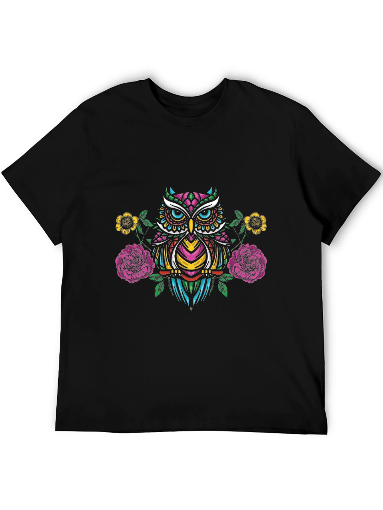 Owl & Floral Graphic Black T-Shirt