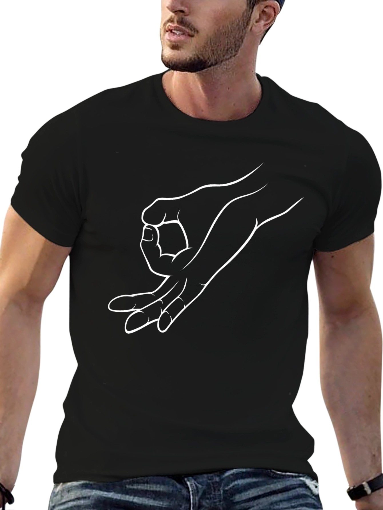 Black T-Shirt with Circle Game Hand Graphic