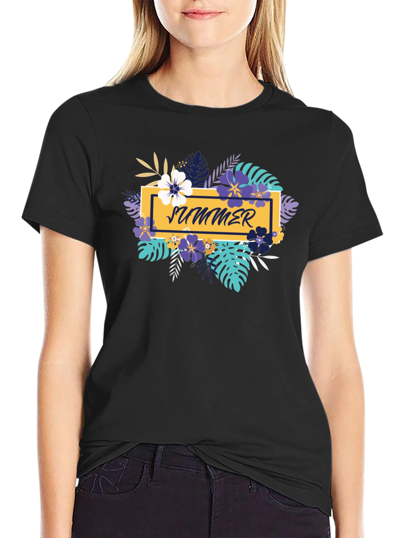 Summer Floral Graphic Black T-Shirt
