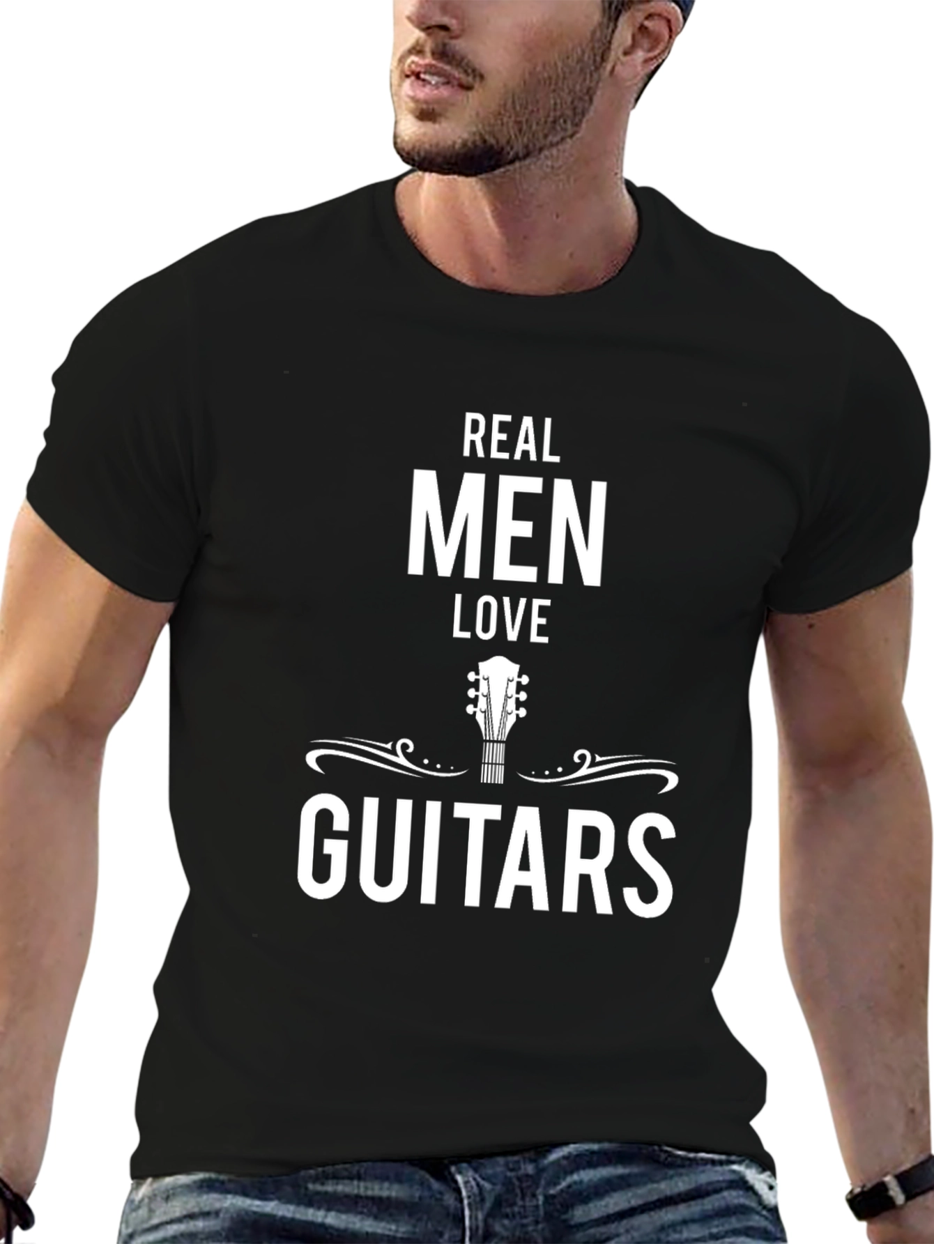 Real Men Love Guitars Black Graphic T-Shirt