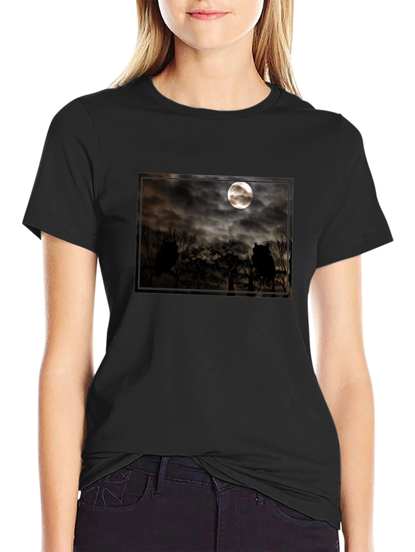Eerie Moonlit Owl Scene Tee