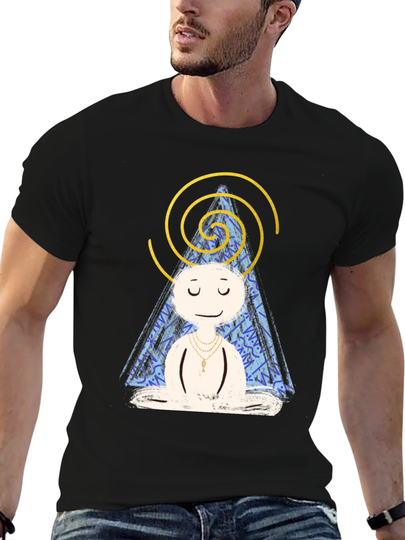Meditating Character Graphic Tee - Black Cotton Blend Shirt