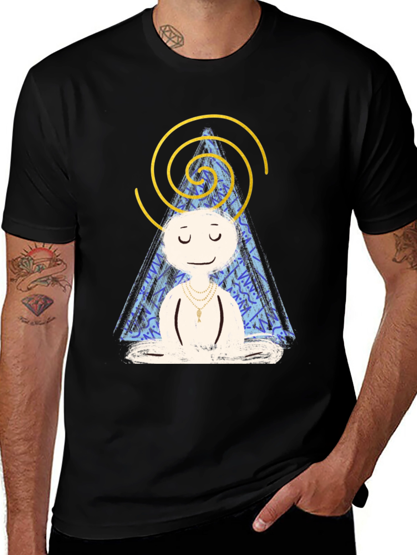 Meditating Character Graphic Tee - Black Cotton Blend Shirt