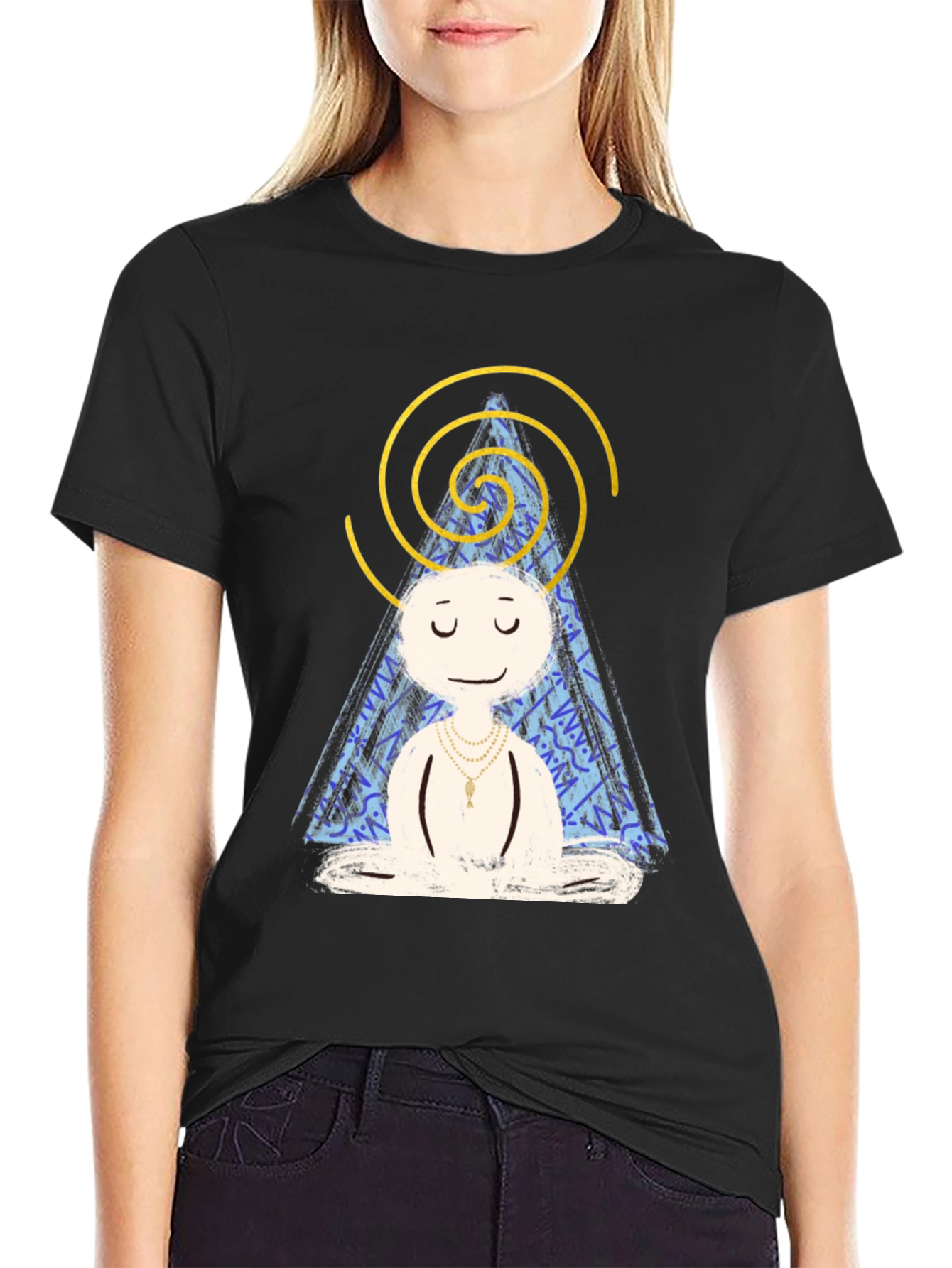 Meditating Character Graphic Tee - Black Cotton Blend Shirt
