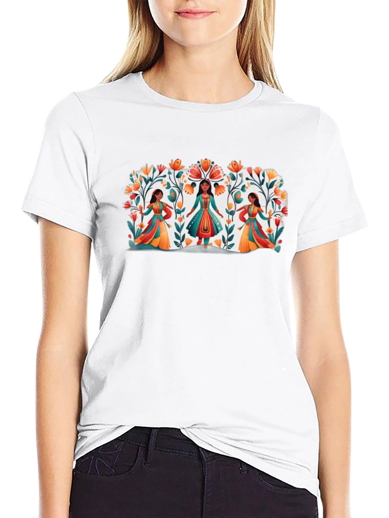 Ethnic Floral Womens Black Graphic Tee