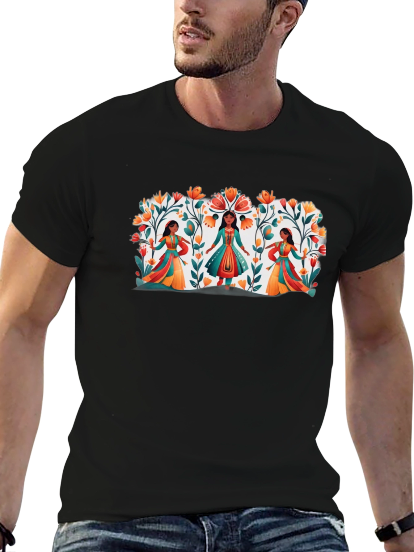 Ethnic Floral Womens Black Graphic Tee