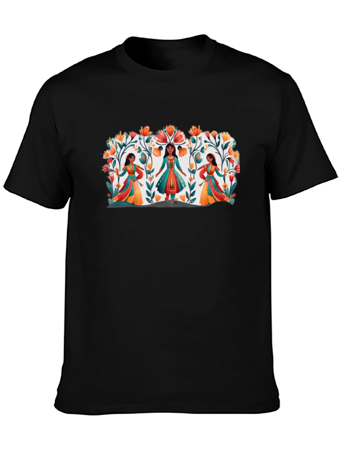 Ethnic Floral Womens Black Graphic Tee