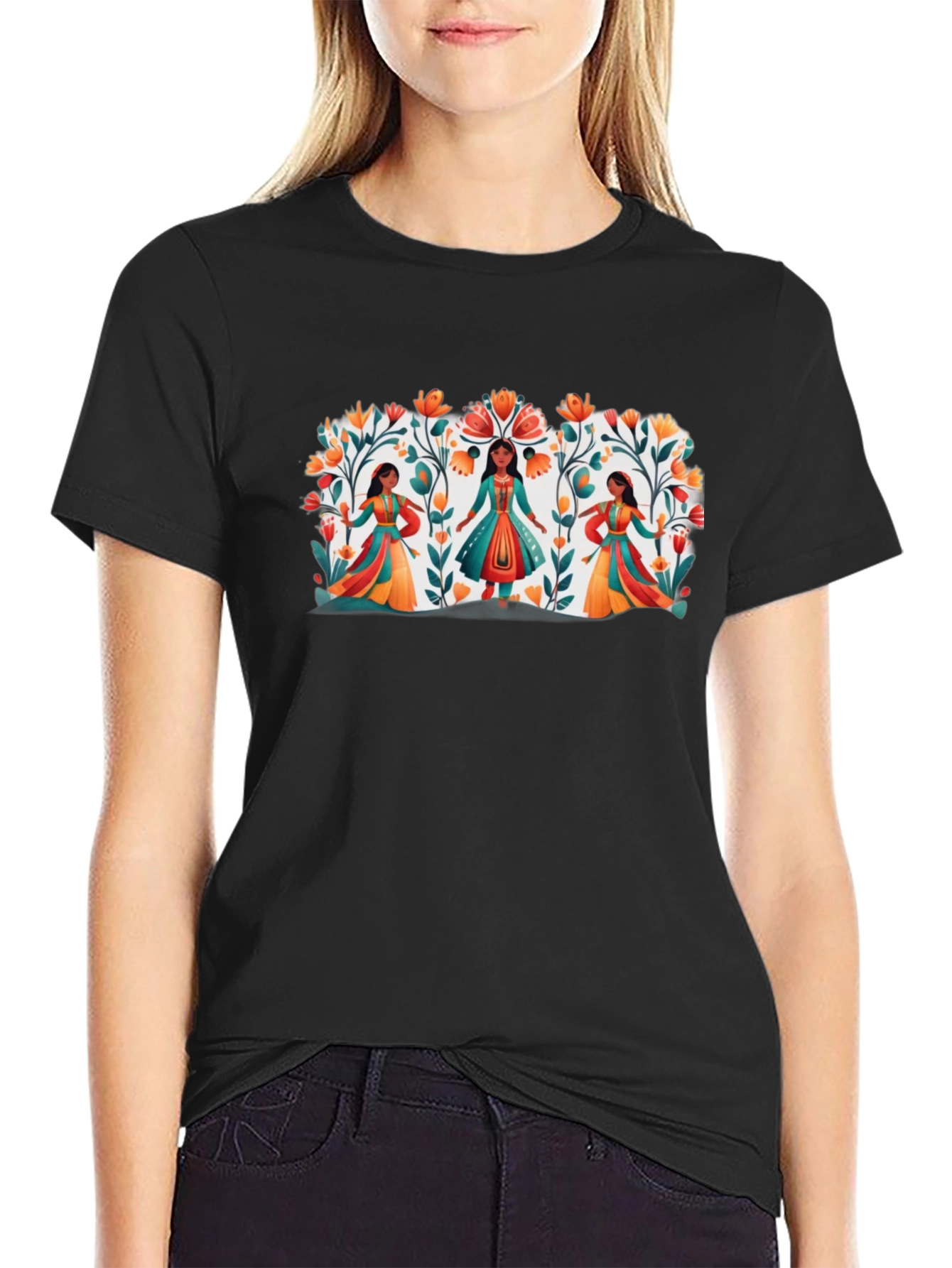 Ethnic Floral Womens Black Graphic Tee