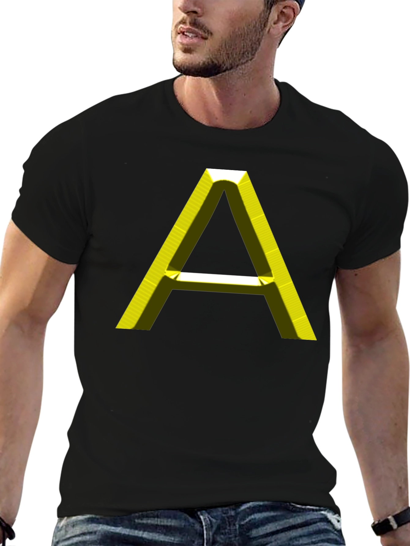 Mens Black T-Shirt with 3D Yellow A Graphic