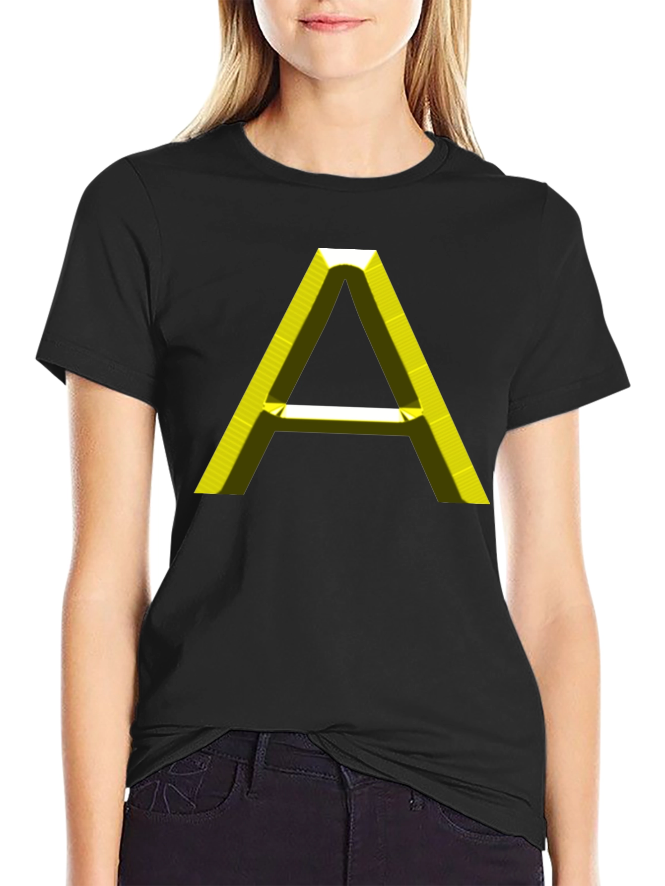 Mens Black T-Shirt with 3D Yellow A Graphic