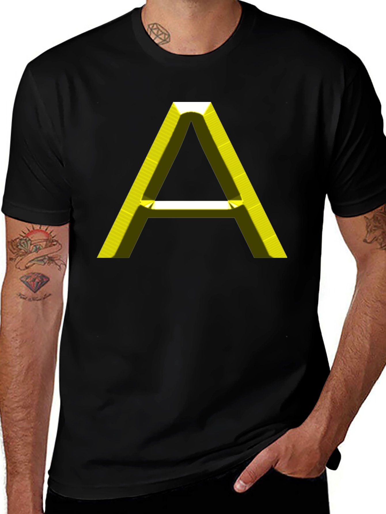Mens Black T-Shirt with 3D Yellow A Graphic