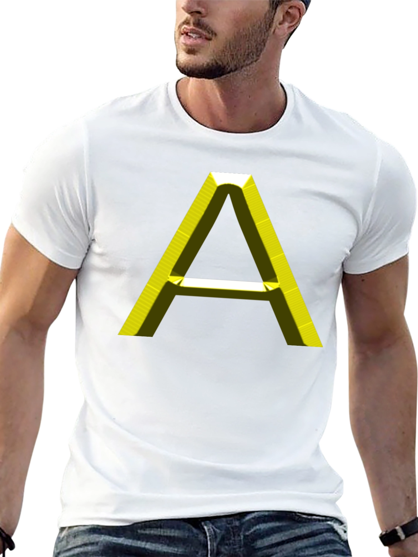 Mens Black T-Shirt with 3D Yellow A Graphic