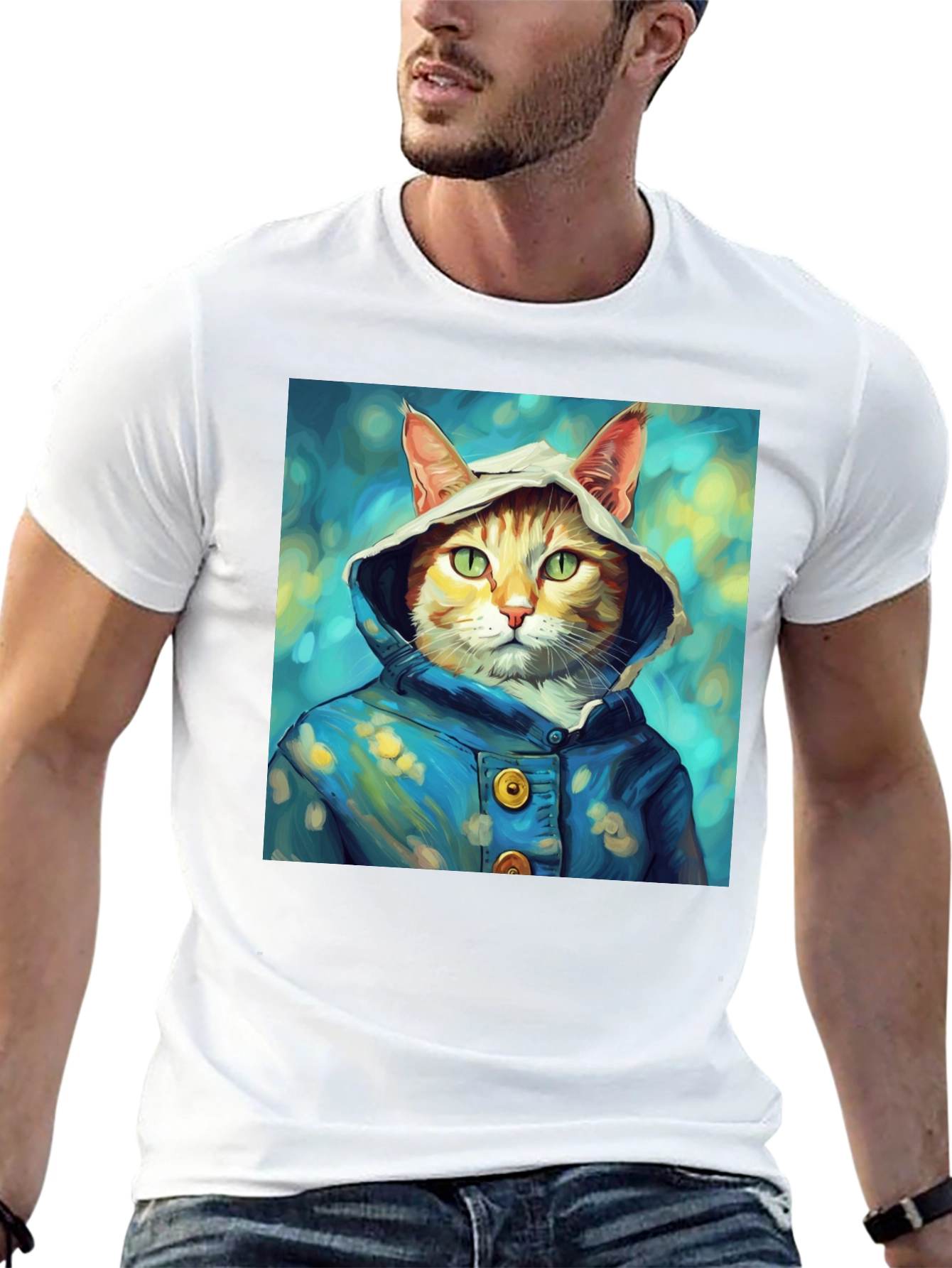 Cat in Hoodie T-Shirt - Artistic Portrait Tee