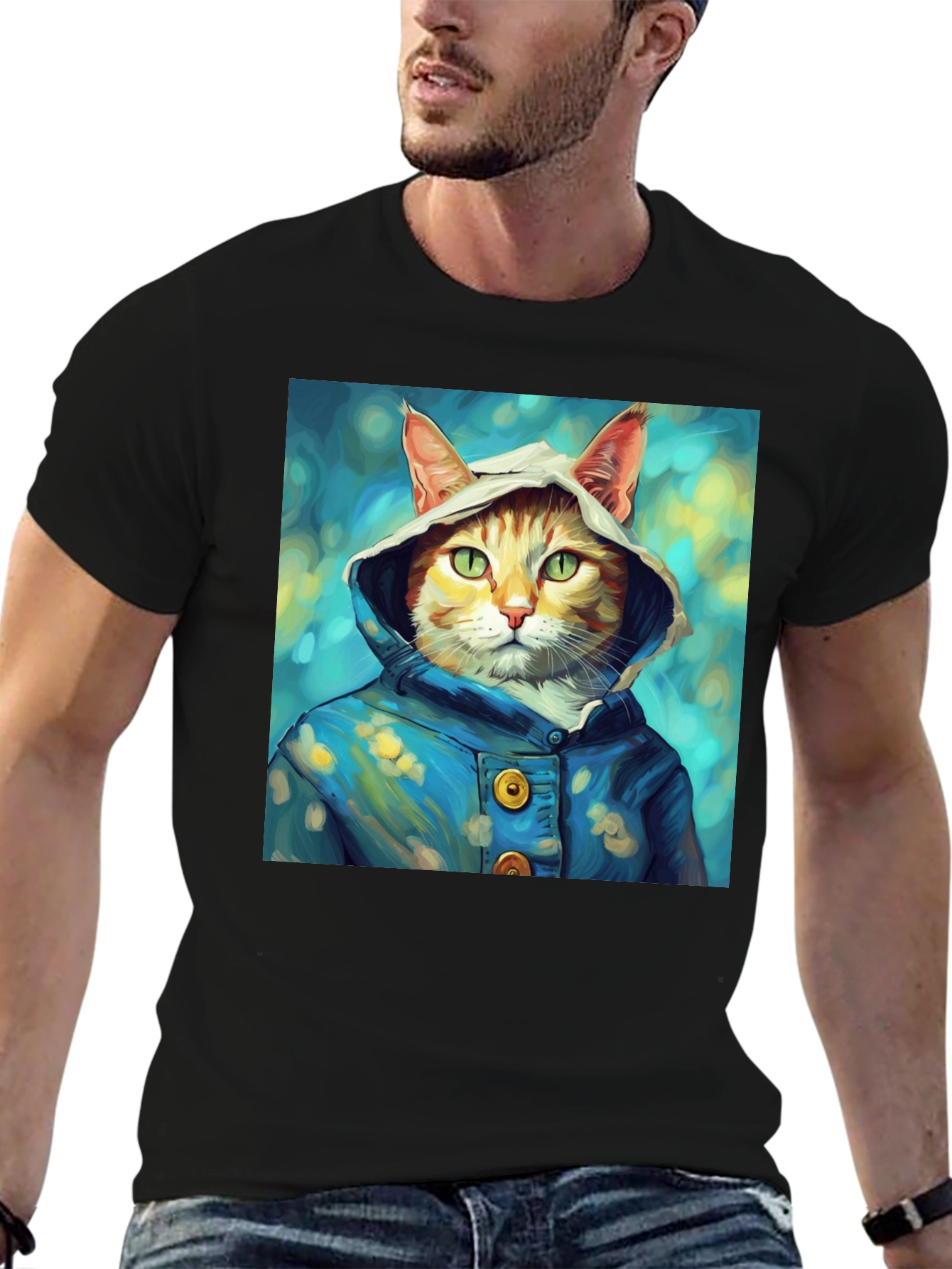 Cat in Hoodie T-Shirt - Artistic Portrait Tee
