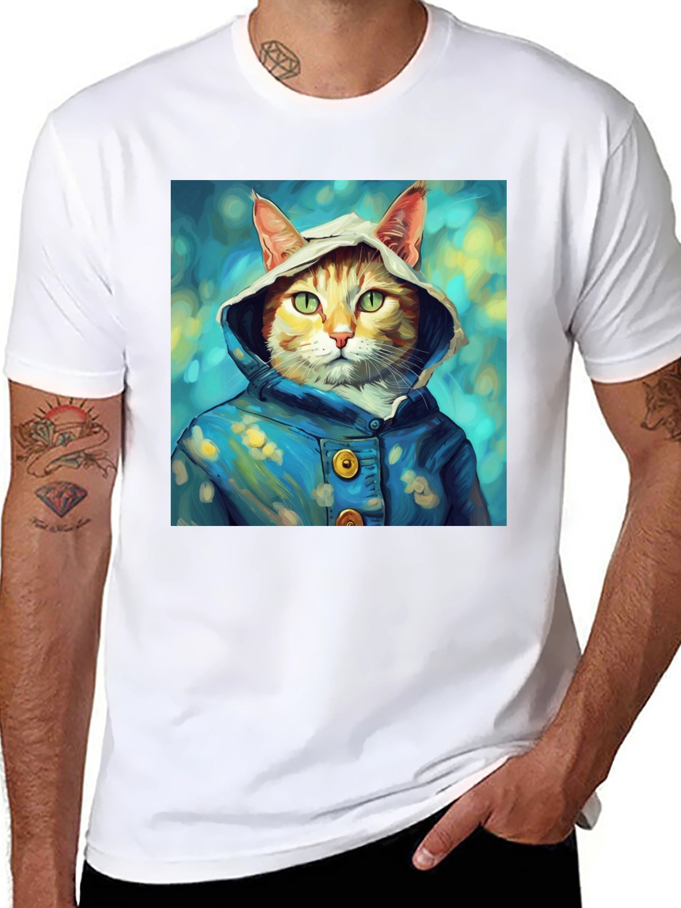 Cat in Hoodie T-Shirt - Artistic Portrait Tee