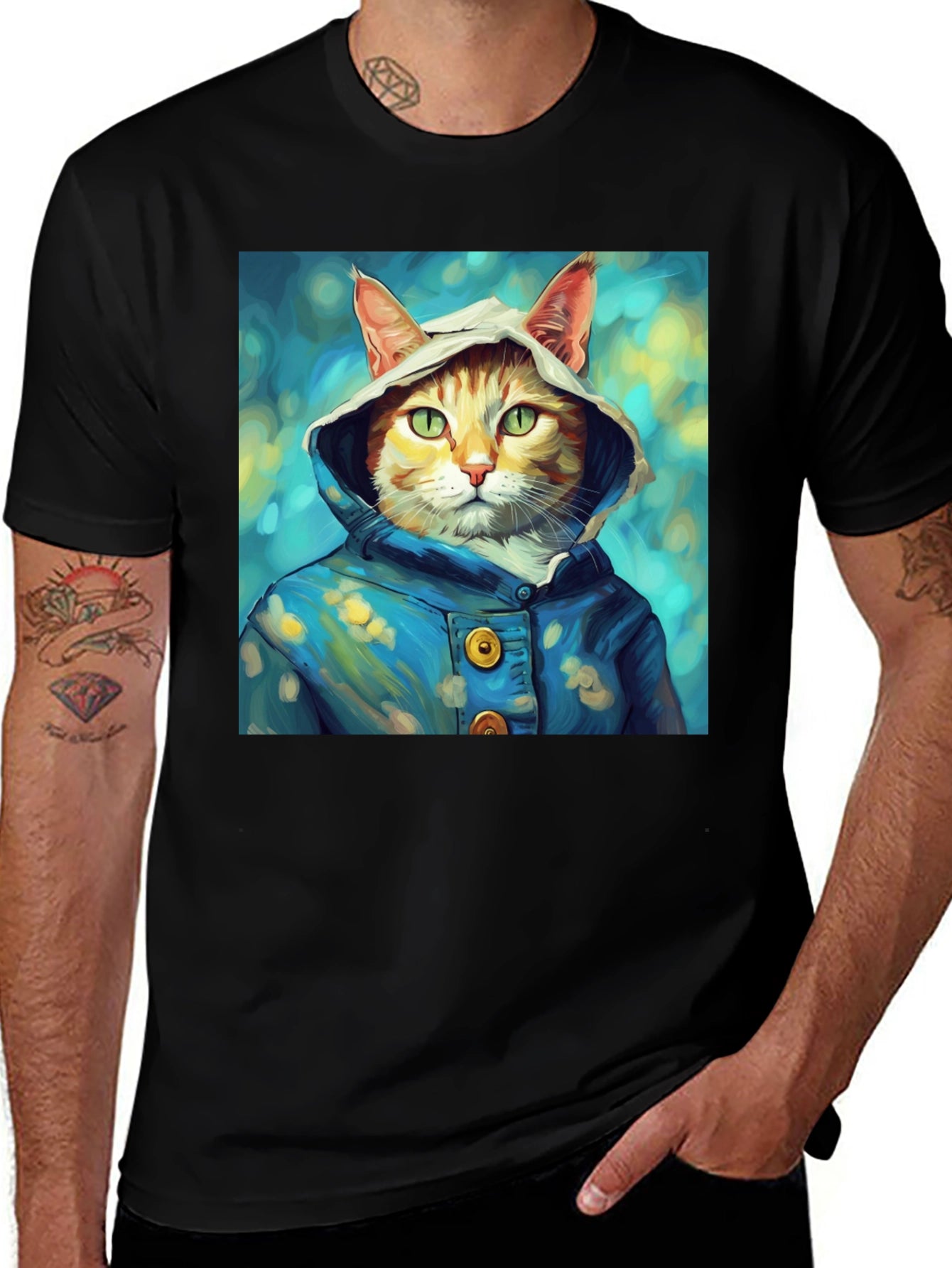 Cat in Hoodie T-Shirt - Artistic Portrait Tee