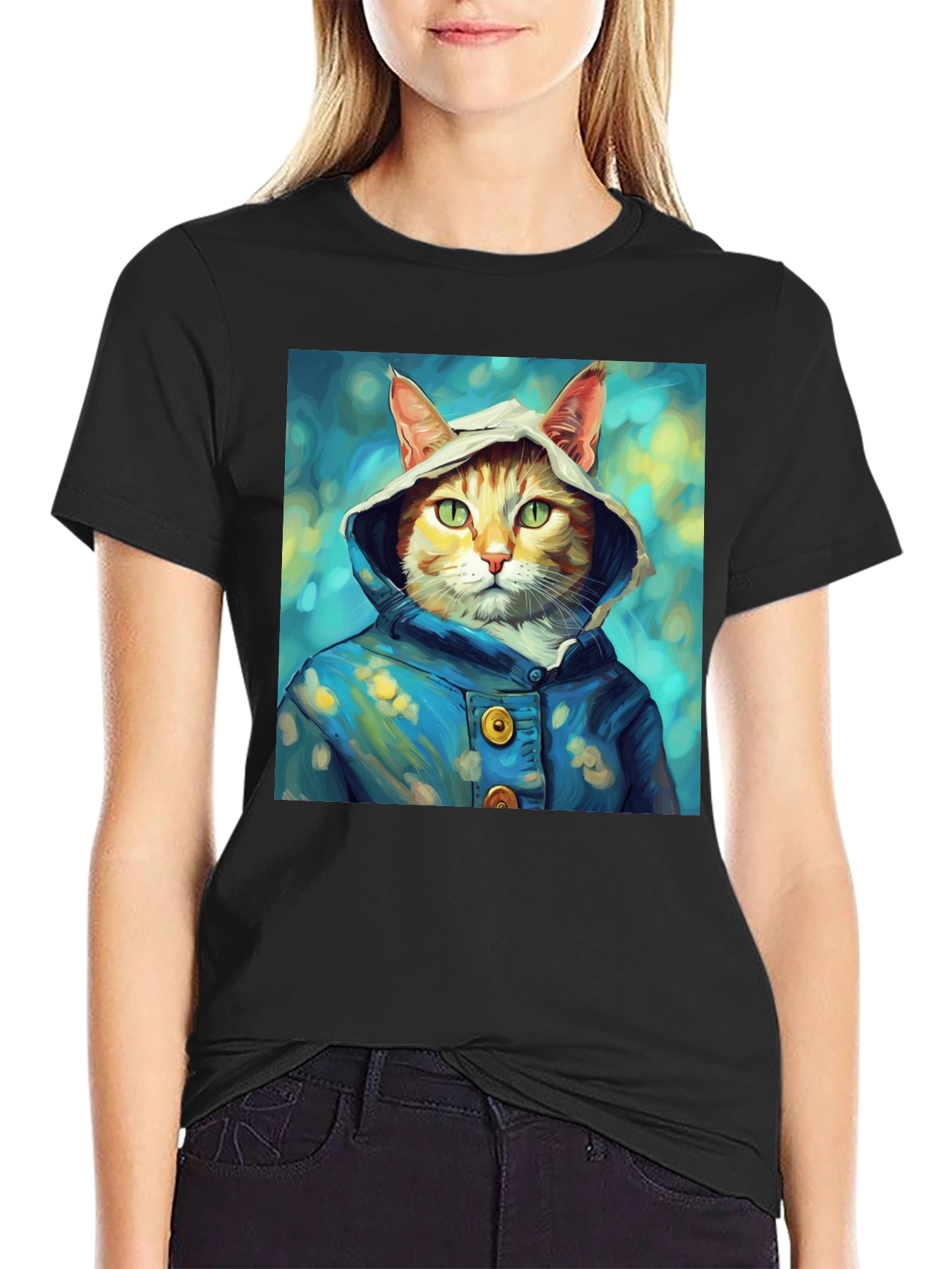 Cat in Hoodie T-Shirt - Artistic Portrait Tee