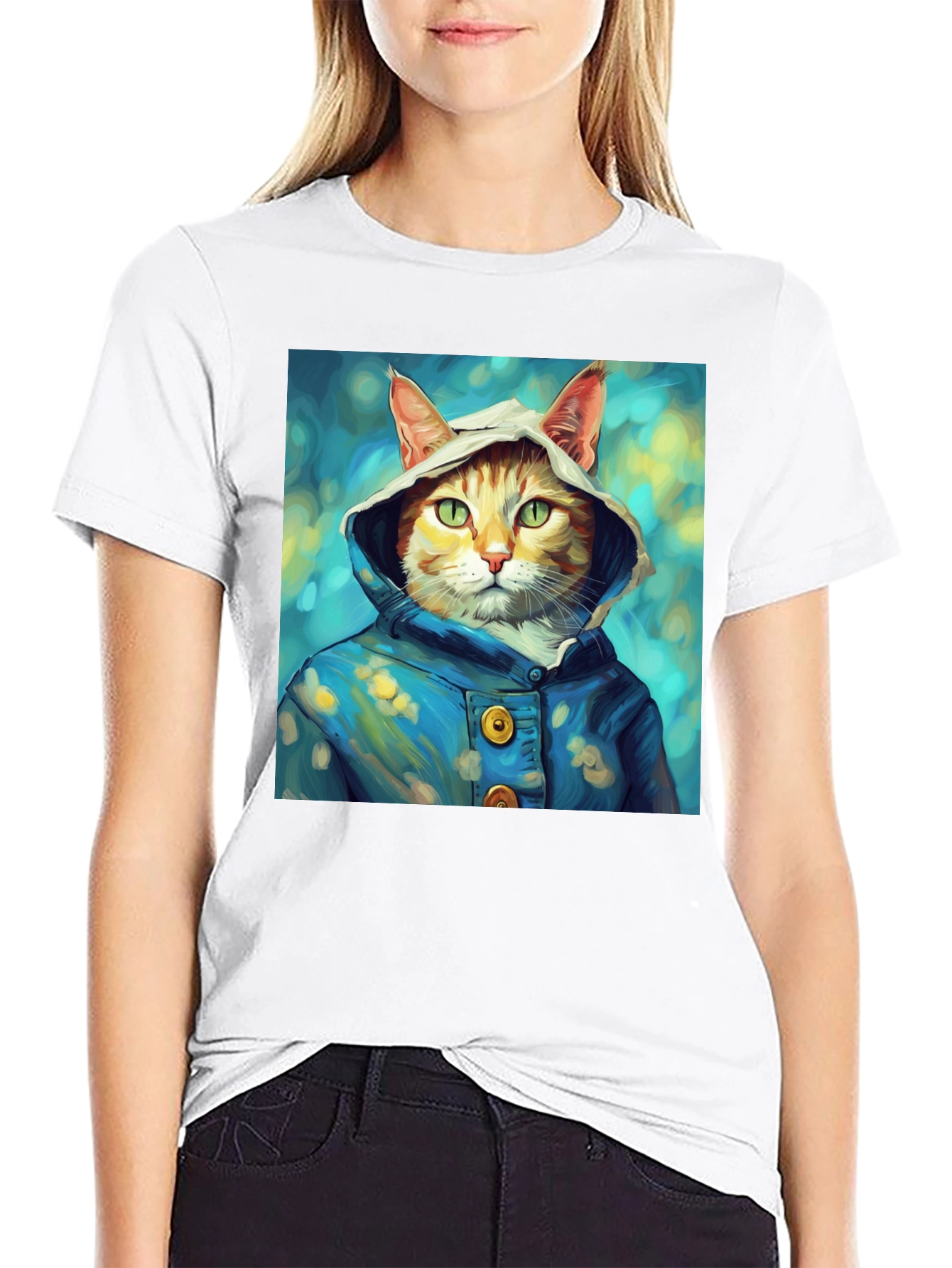 Cat in Hoodie T-Shirt - Artistic Portrait Tee