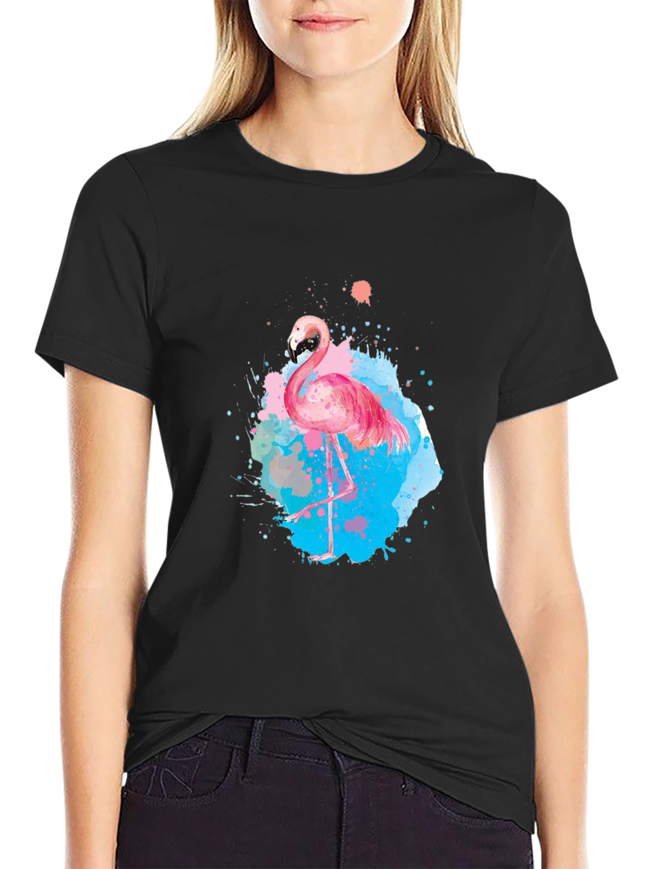 Flamingo Splash Graphic Tee - Black Cotton T-Shirt