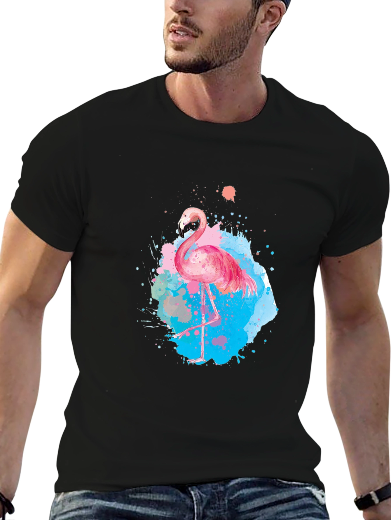 Flamingo Splash Graphic Tee - Black Cotton T-Shirt