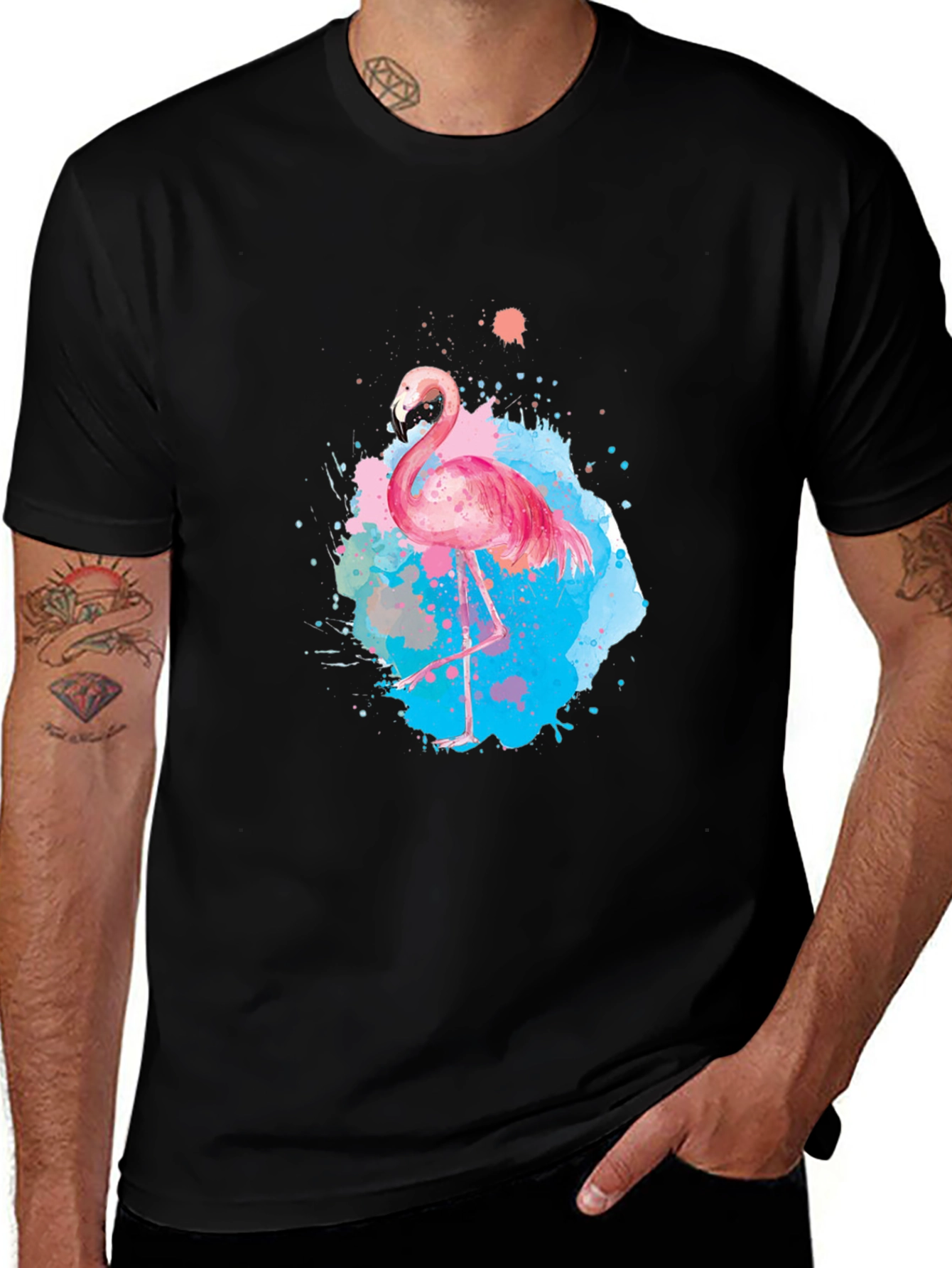 Flamingo Splash Graphic Tee - Black Cotton T-Shirt