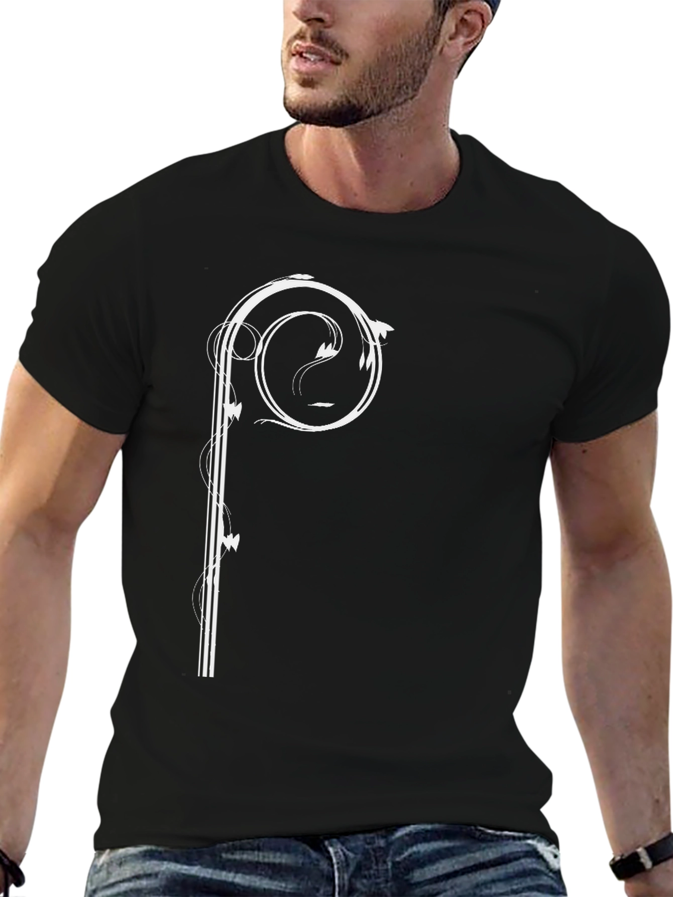 Stylish Black Tee with Artistic White Scroll Design