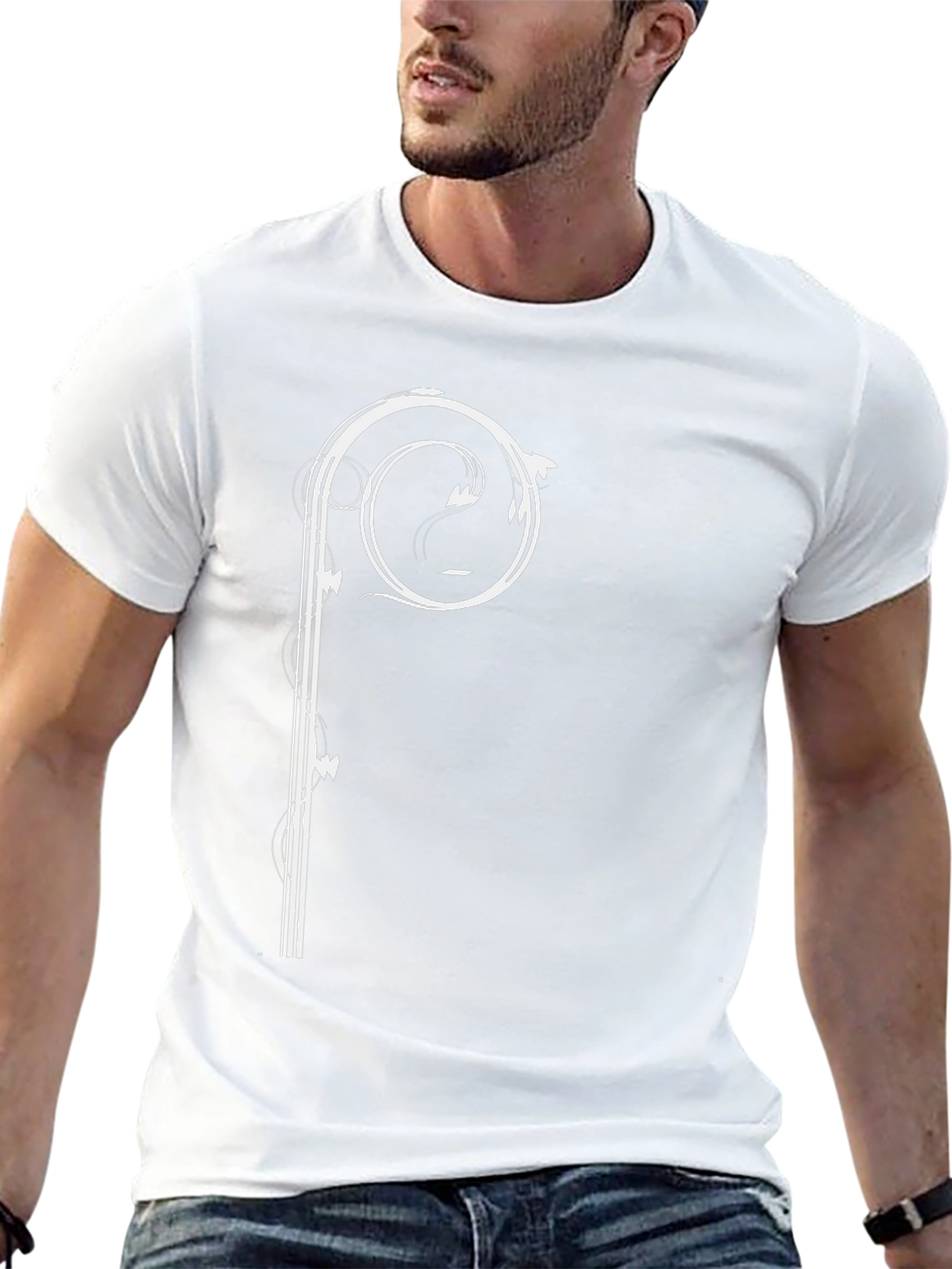 Stylish Black Tee with Artistic White Scroll Design