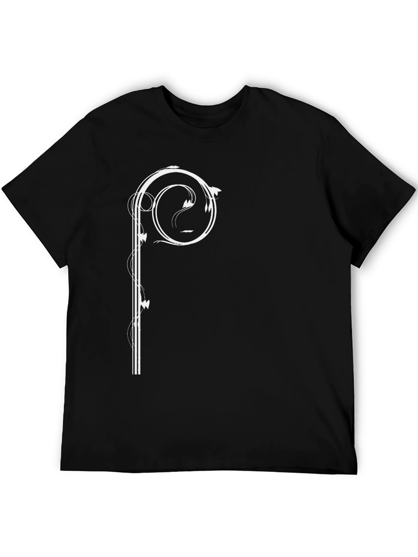 Stylish Black Tee with Artistic White Scroll Design