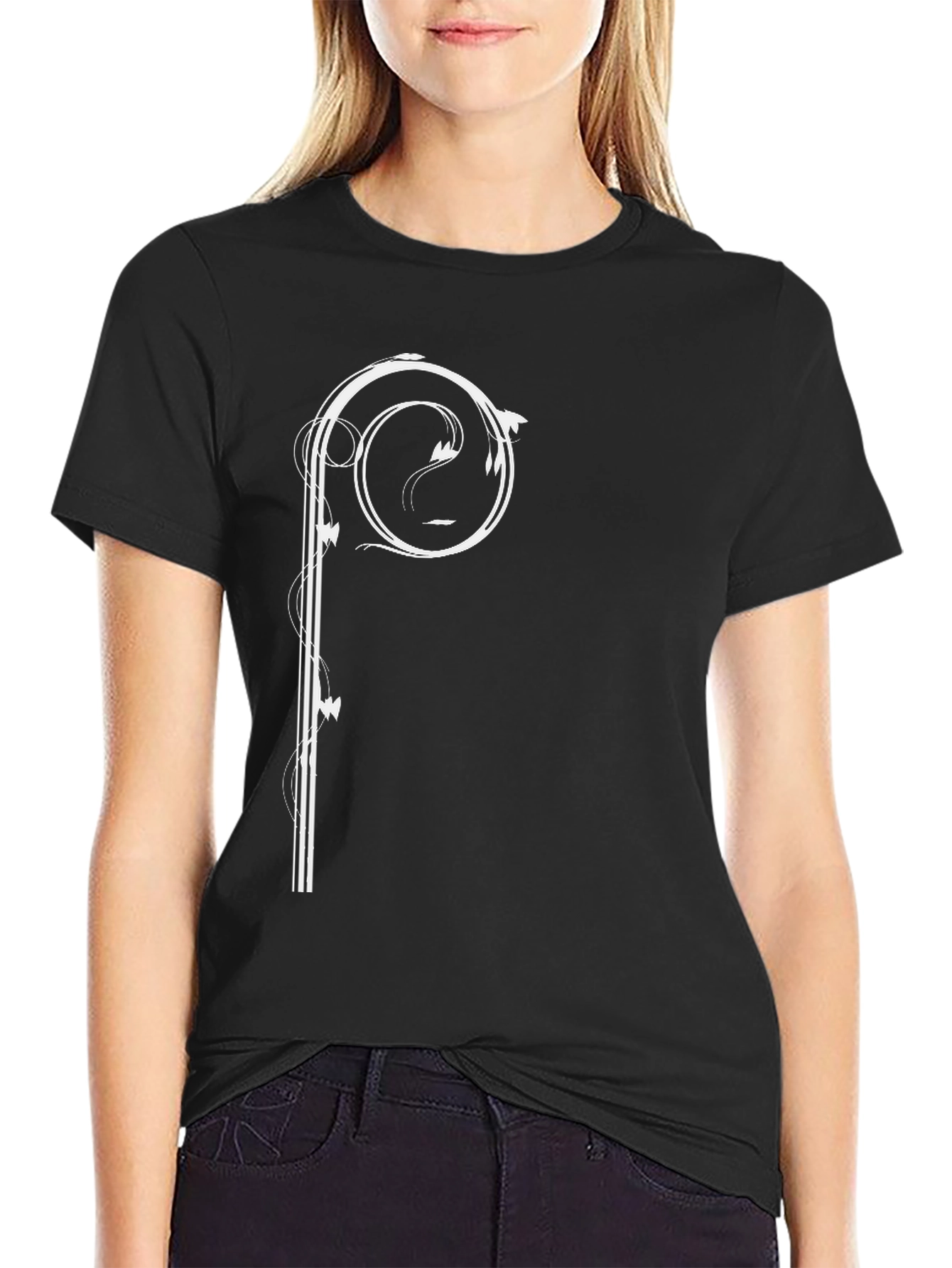 Stylish Black Tee with Artistic White Scroll Design