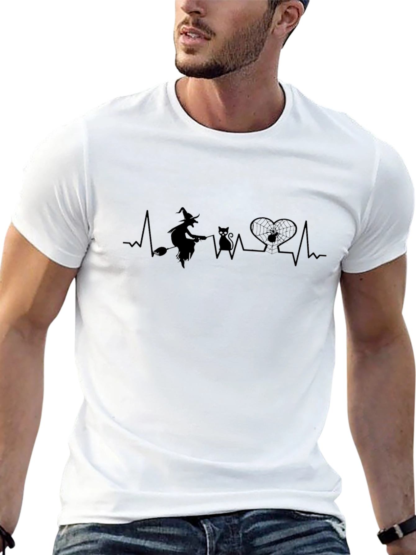 Halloween ECG T-Shirt - Witch Cat Spider Heartbeat