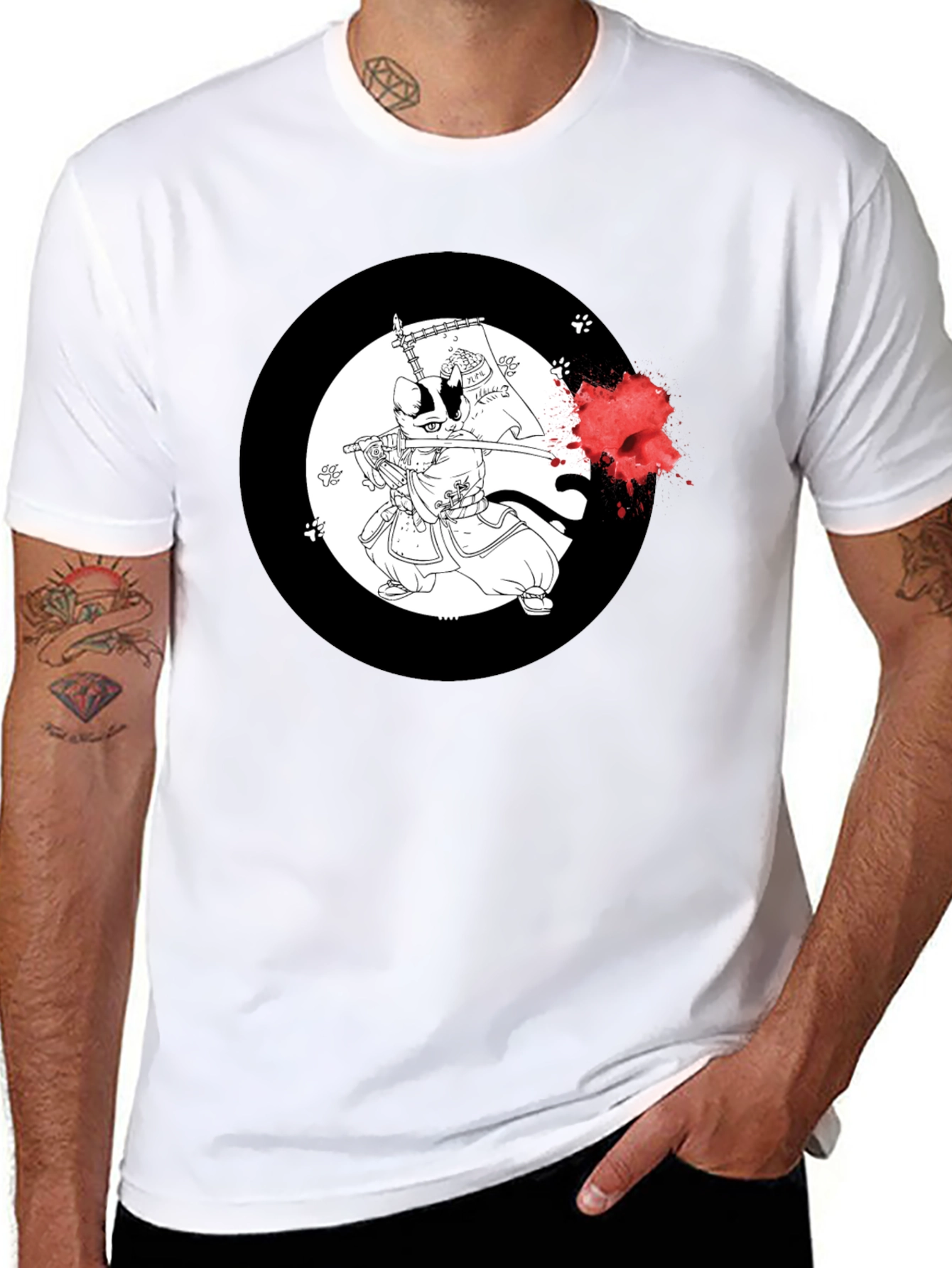 Samurai Cat T-Shirt - Black Cotton Graphic Tee