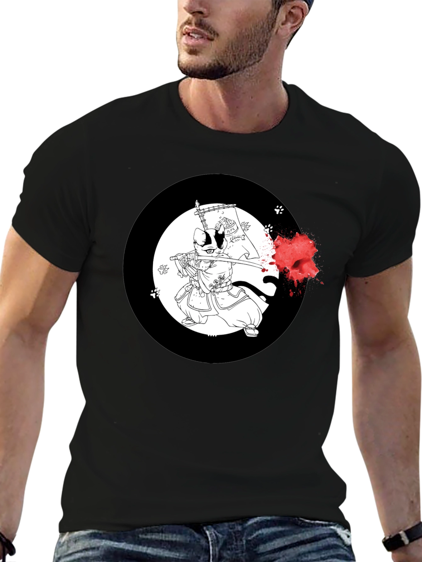 Samurai Cat T-Shirt - Black Cotton Graphic Tee