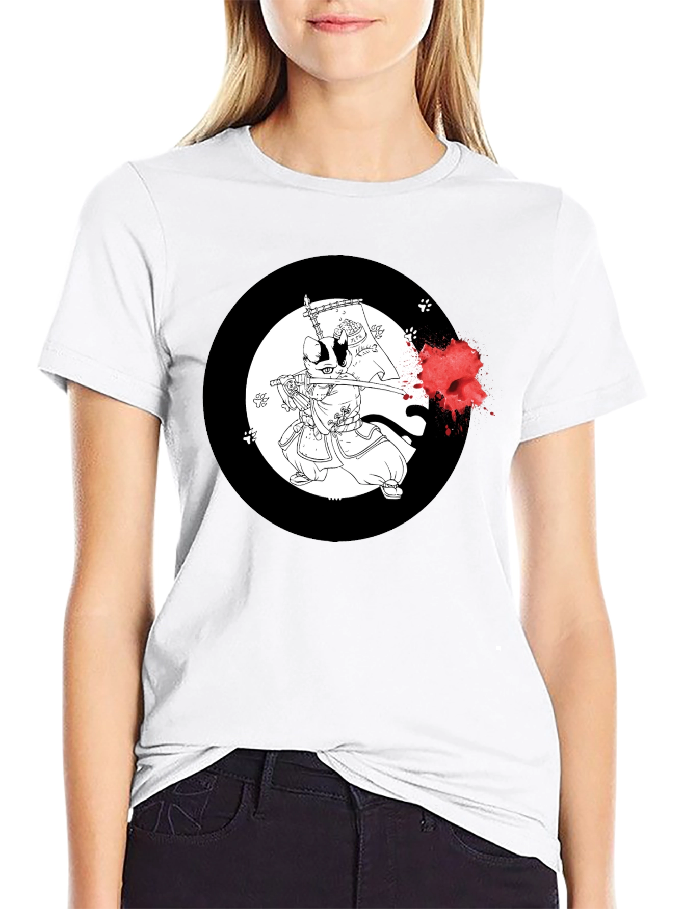 Samurai Cat T-Shirt - Black Cotton Graphic Tee