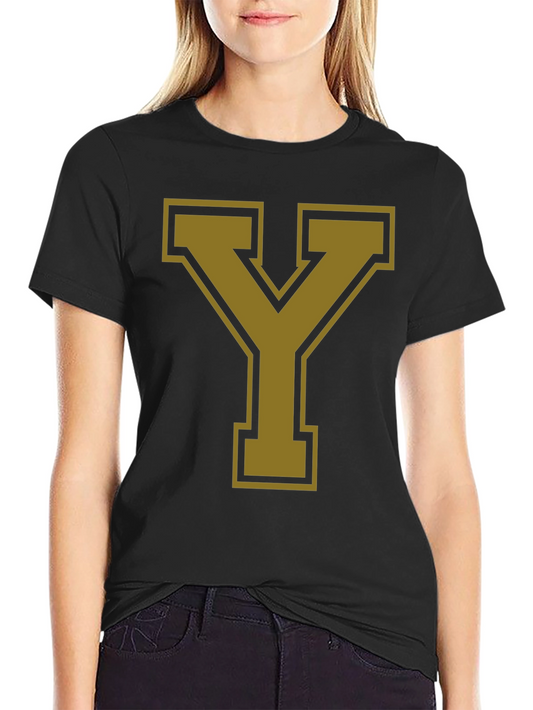 Bold Letter Y Graphic Tee - Black Cotton Blend Casual T-Shirt