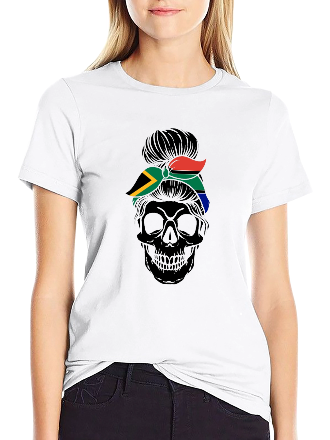 South Africa Flag Skull Messy Bun T-Shirt