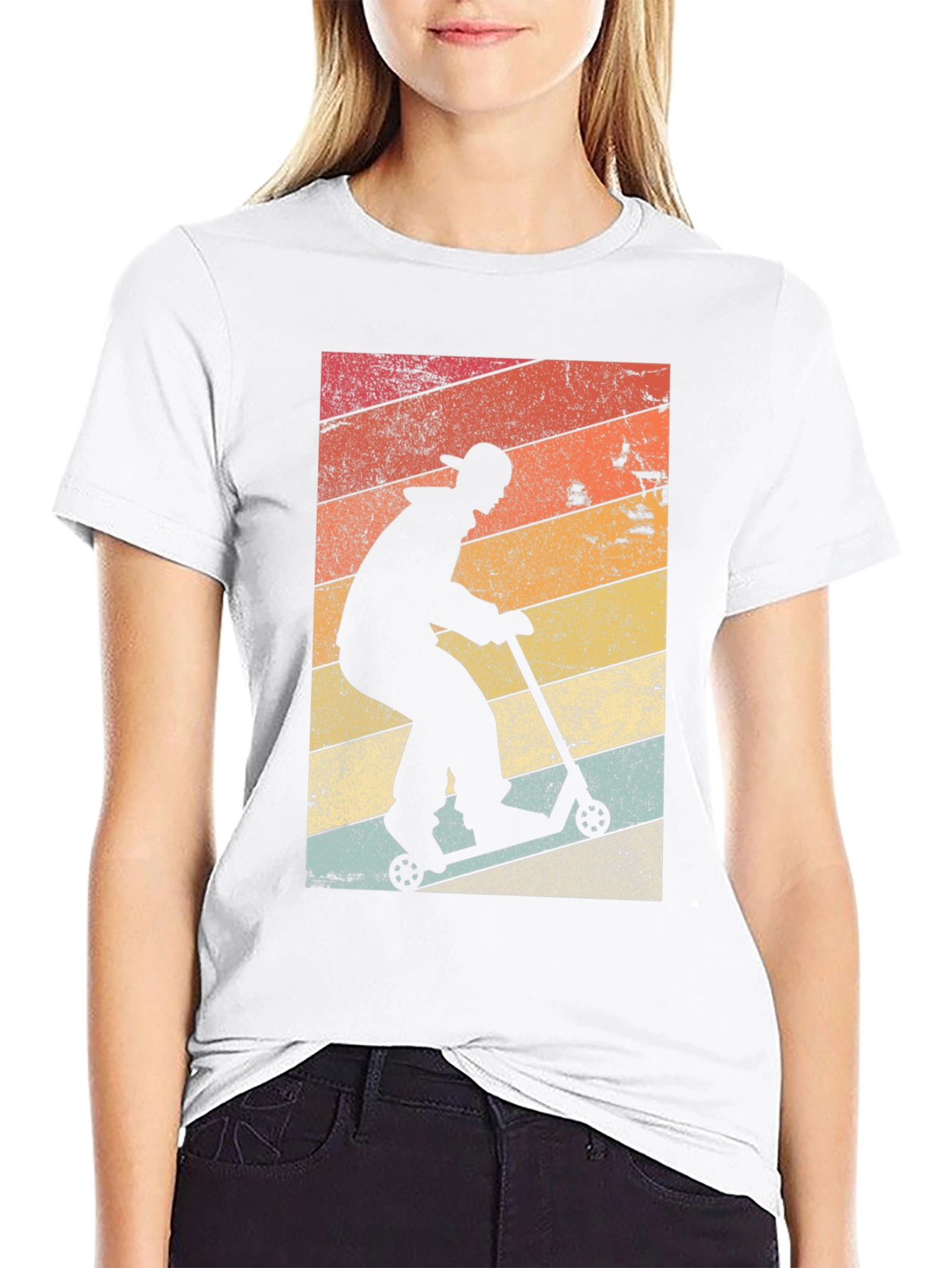 Retro Scooter Rider Graphic Tee - Black Cotton Blend