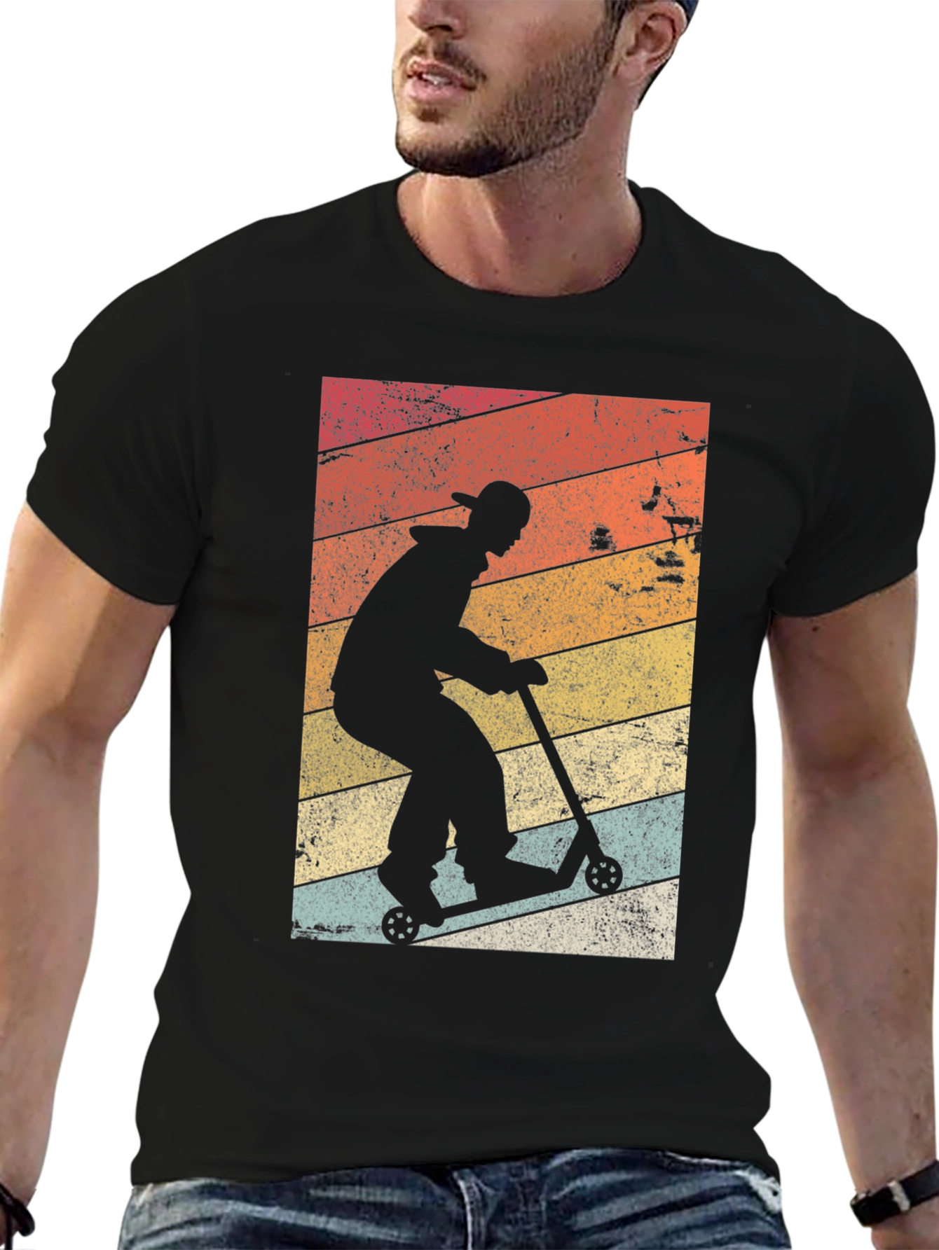Retro Scooter Rider Graphic Tee - Black Cotton Blend