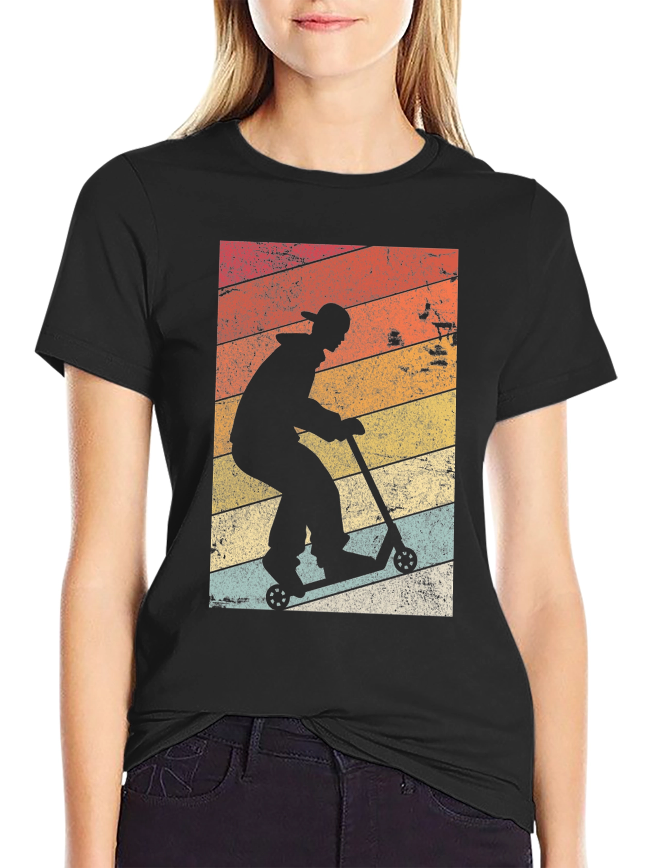 Retro Scooter Rider Graphic Tee - Black Cotton Blend