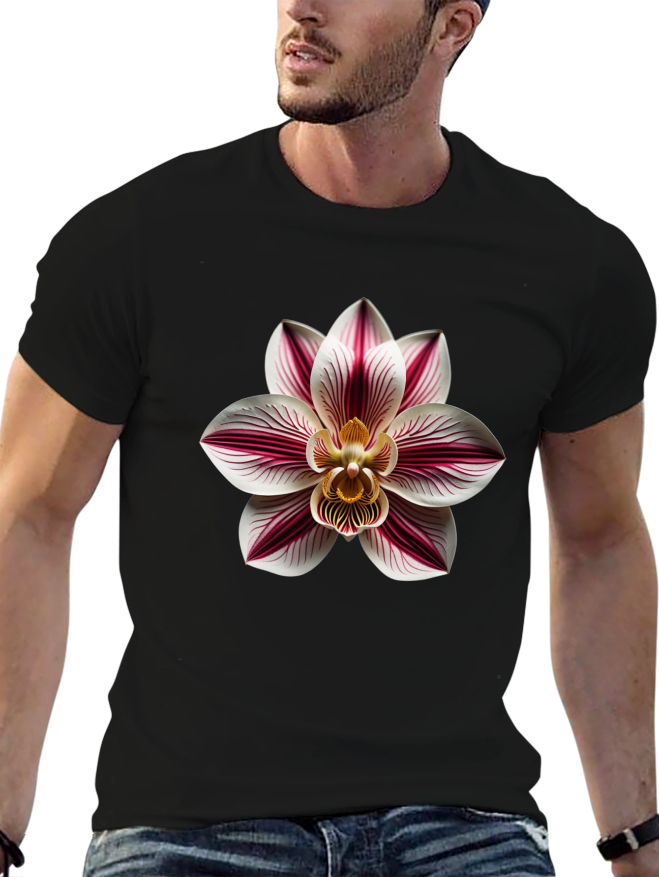Orchid Flower Graphic Print Tee - Black