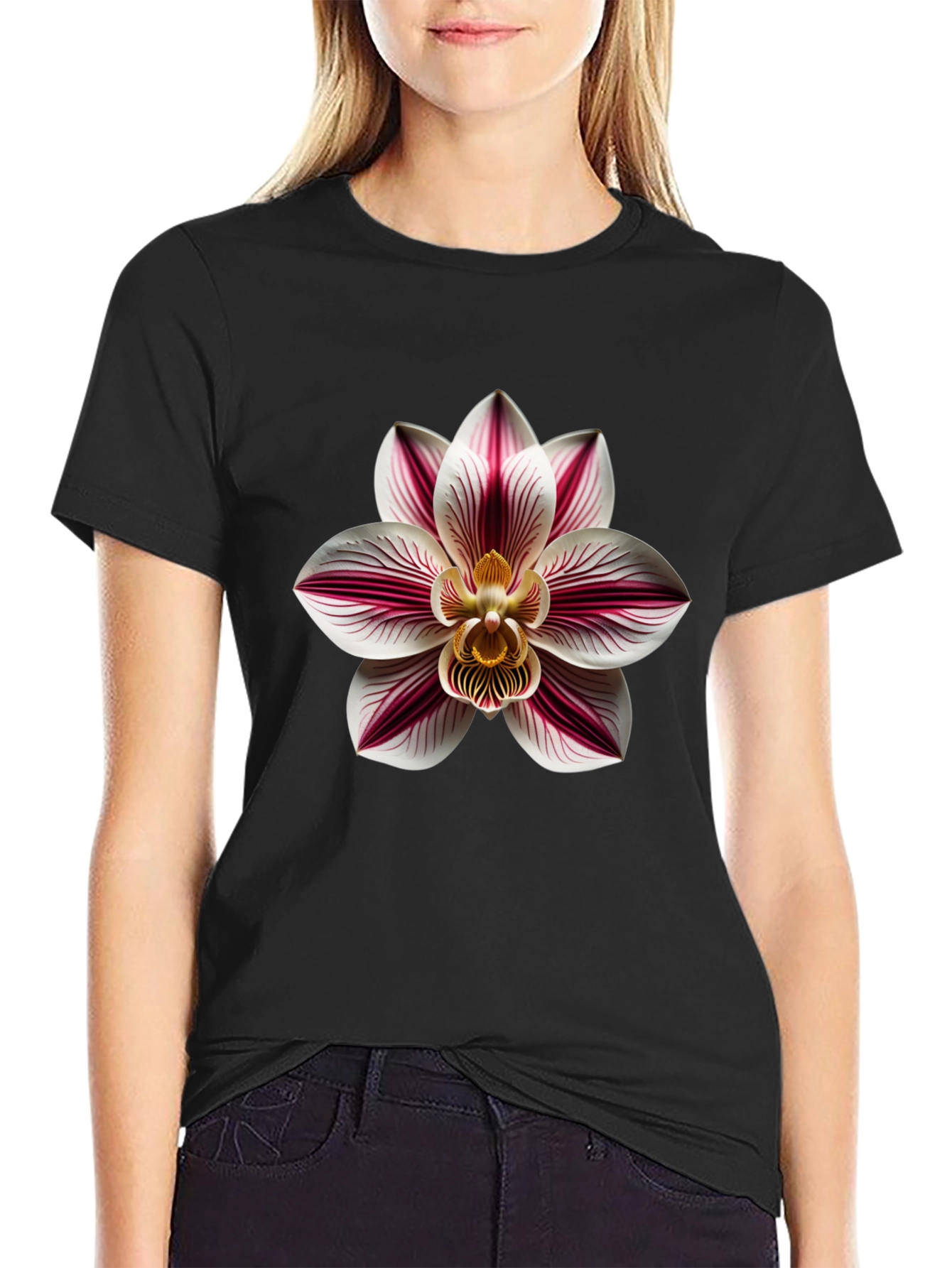 Orchid Flower Graphic Print Tee - Black