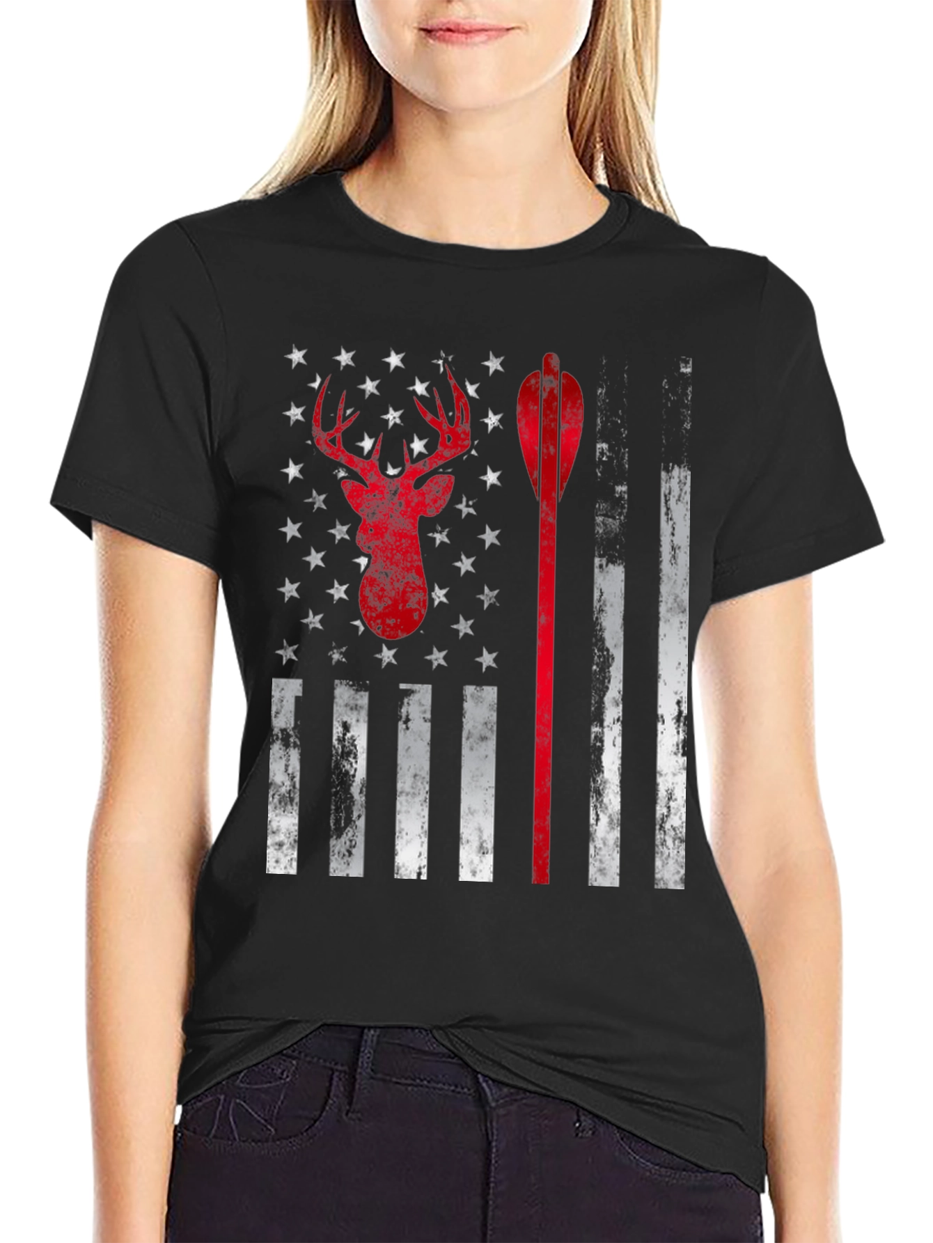 Hunting Deer Arrow American Flag Graphic T-Shirt