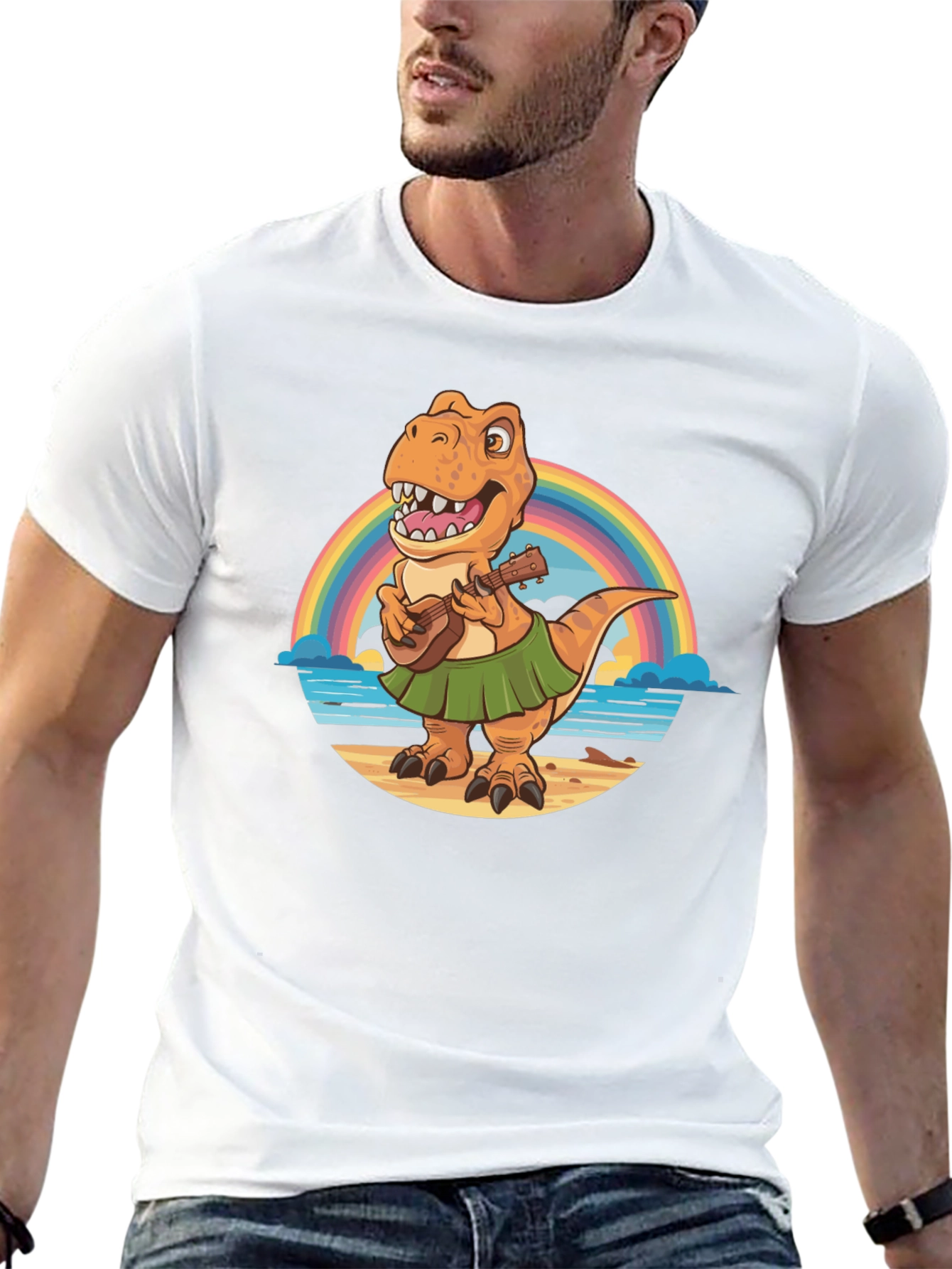Dinosaur Ukulele Rainbow Beach Black T-Shirt