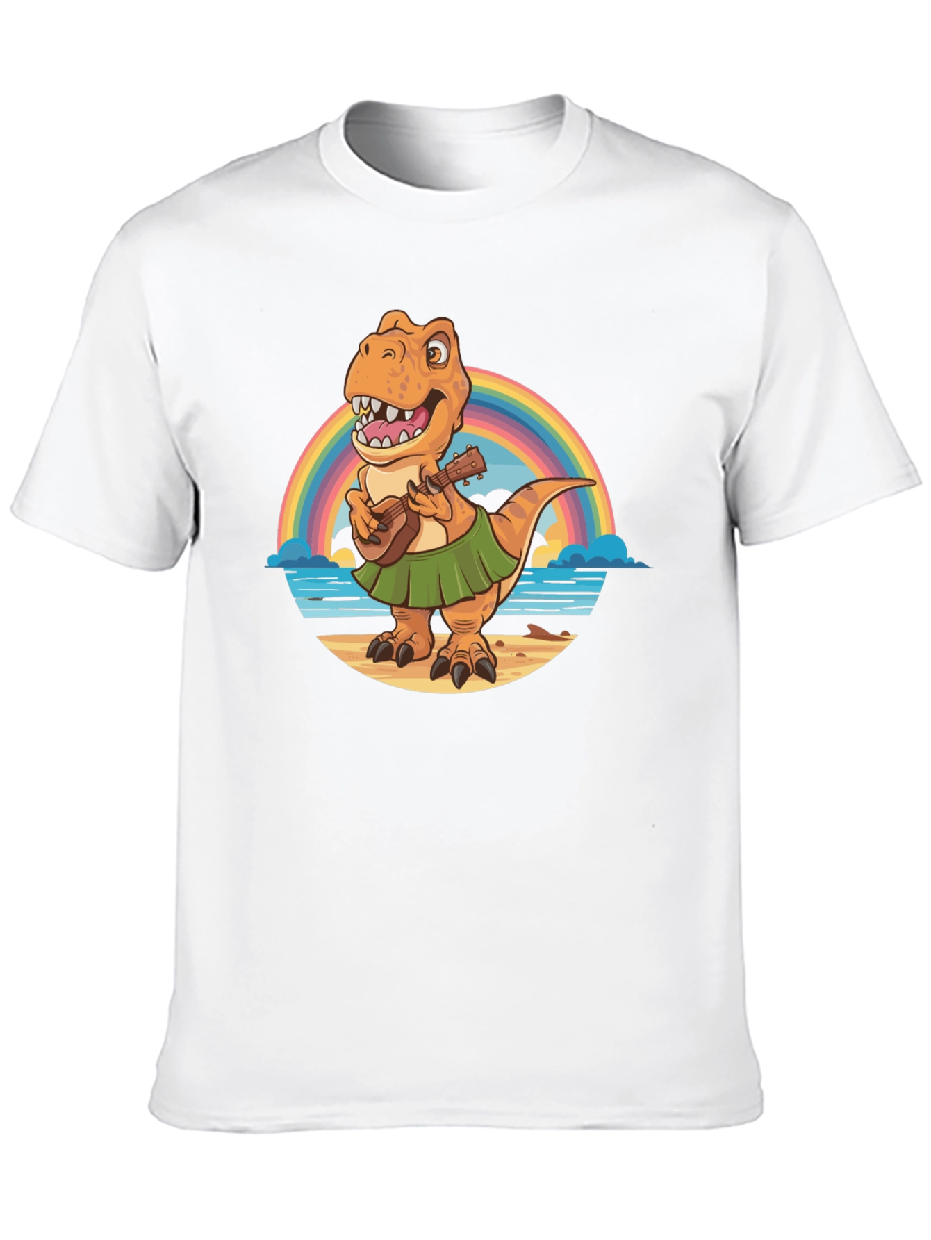 Dinosaur Ukulele Rainbow Beach Black T-Shirt