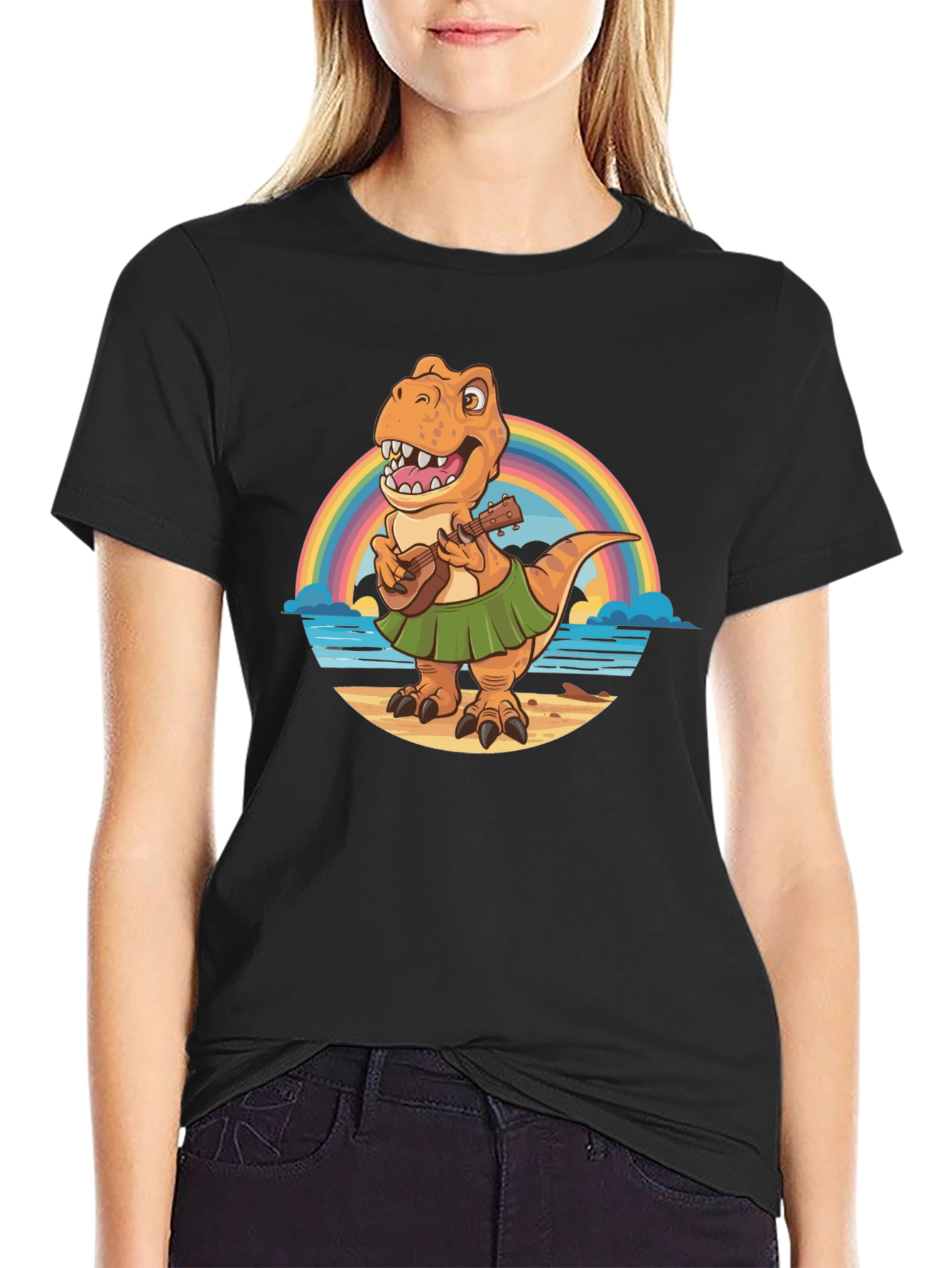 Dinosaur Ukulele Rainbow Beach Black T-Shirt