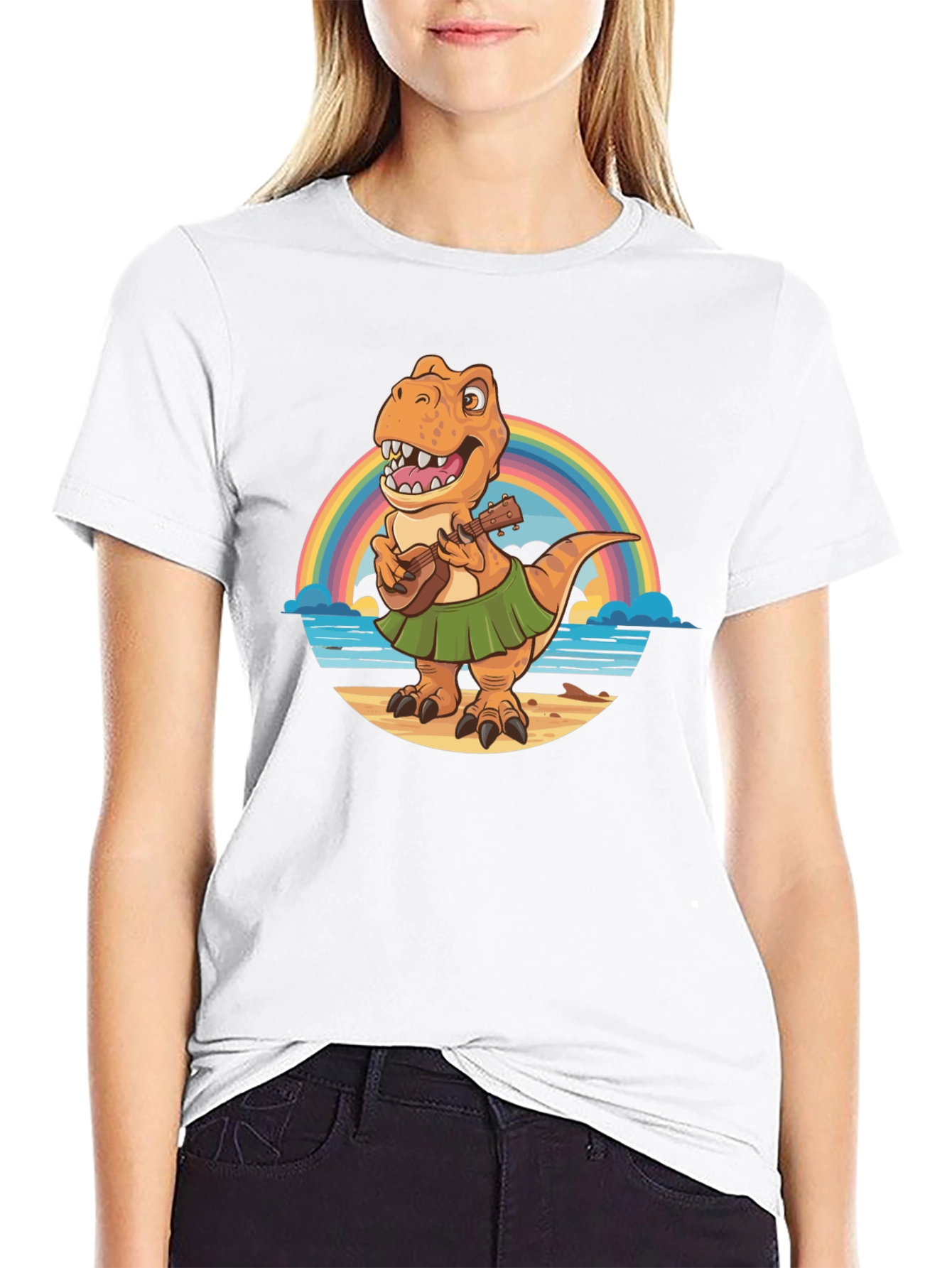 Dinosaur Ukulele Rainbow Beach Black T-Shirt
