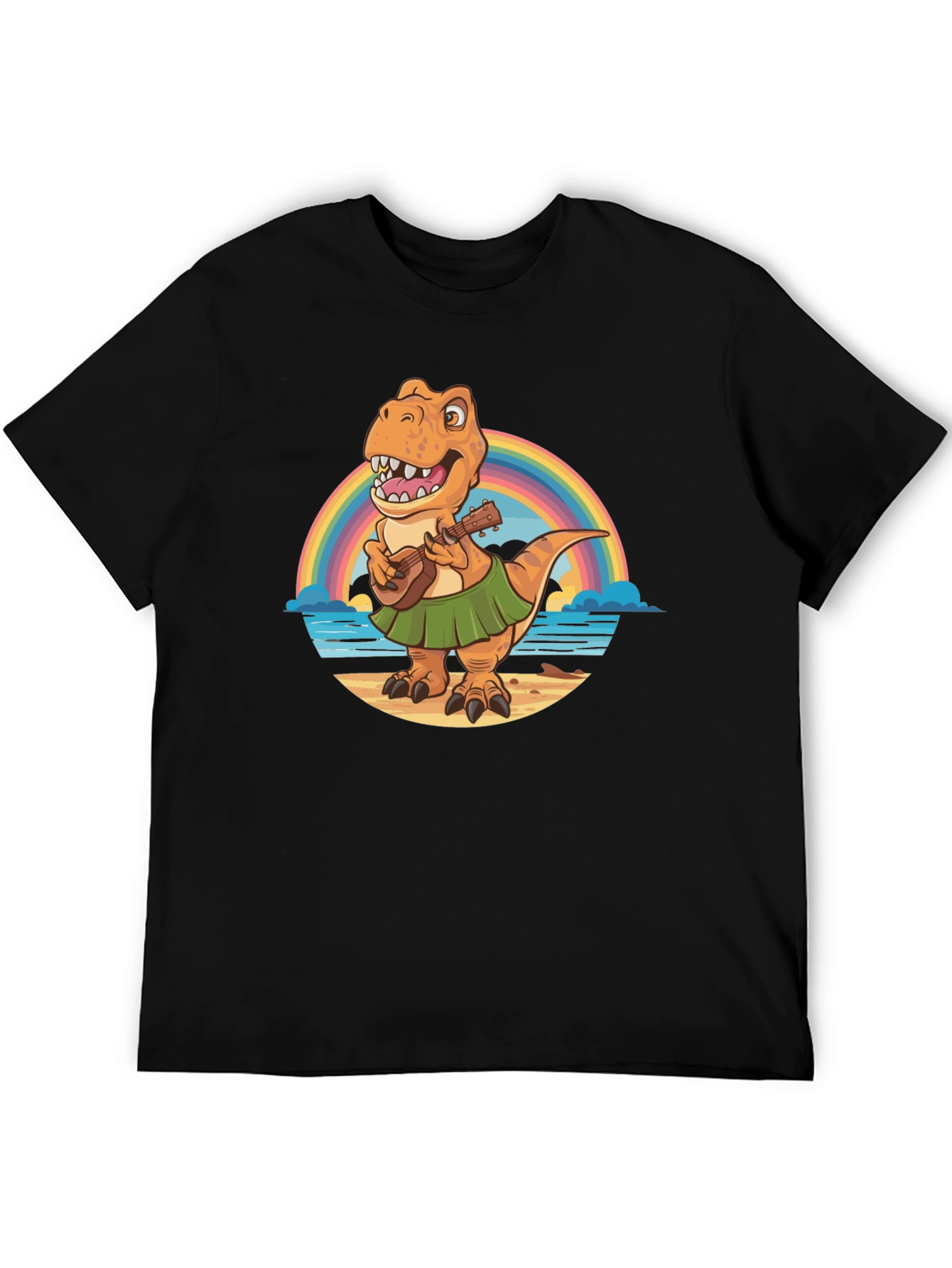 Dinosaur Ukulele Rainbow Beach Black T-Shirt
