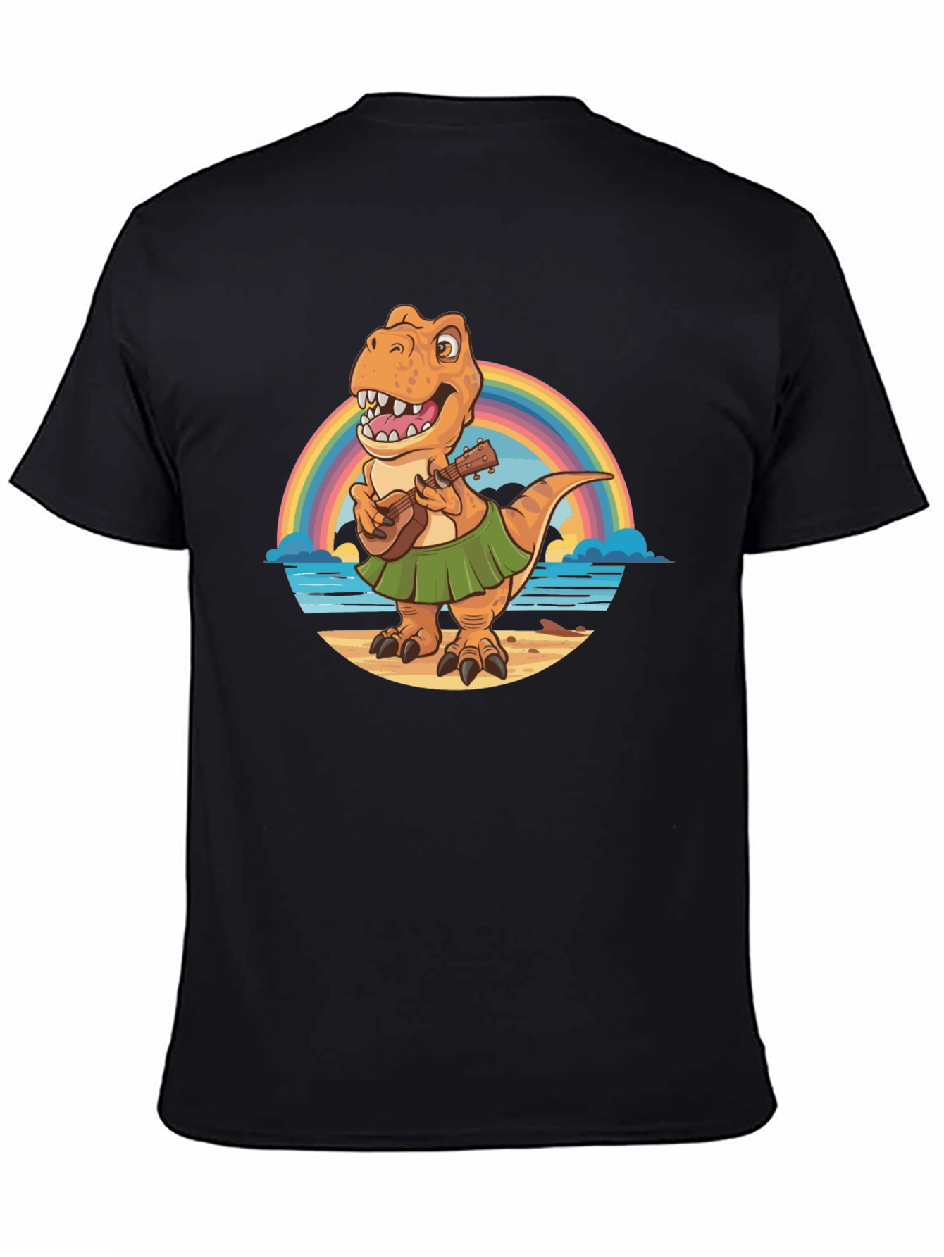 Dinosaur Ukulele Rainbow Beach Black T-Shirt